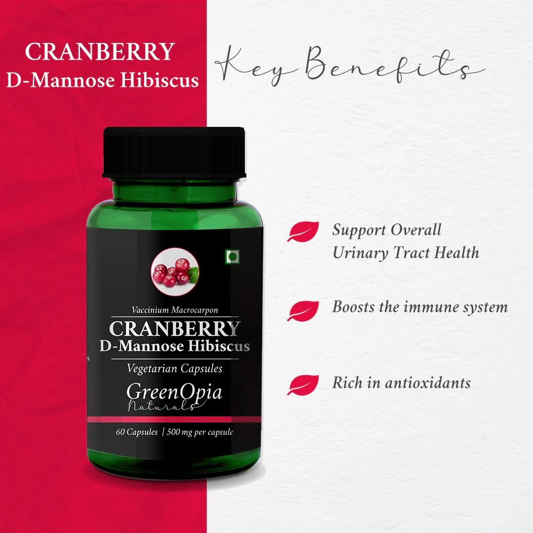 Greenopia Naturals Cranberry D - Mannose Hibiscus Vegan Capsules, 500mg, Helps Flush Out Bacteria From The Urinary Tract | 60 Capsules 100gm 0.2lbs - Image 3