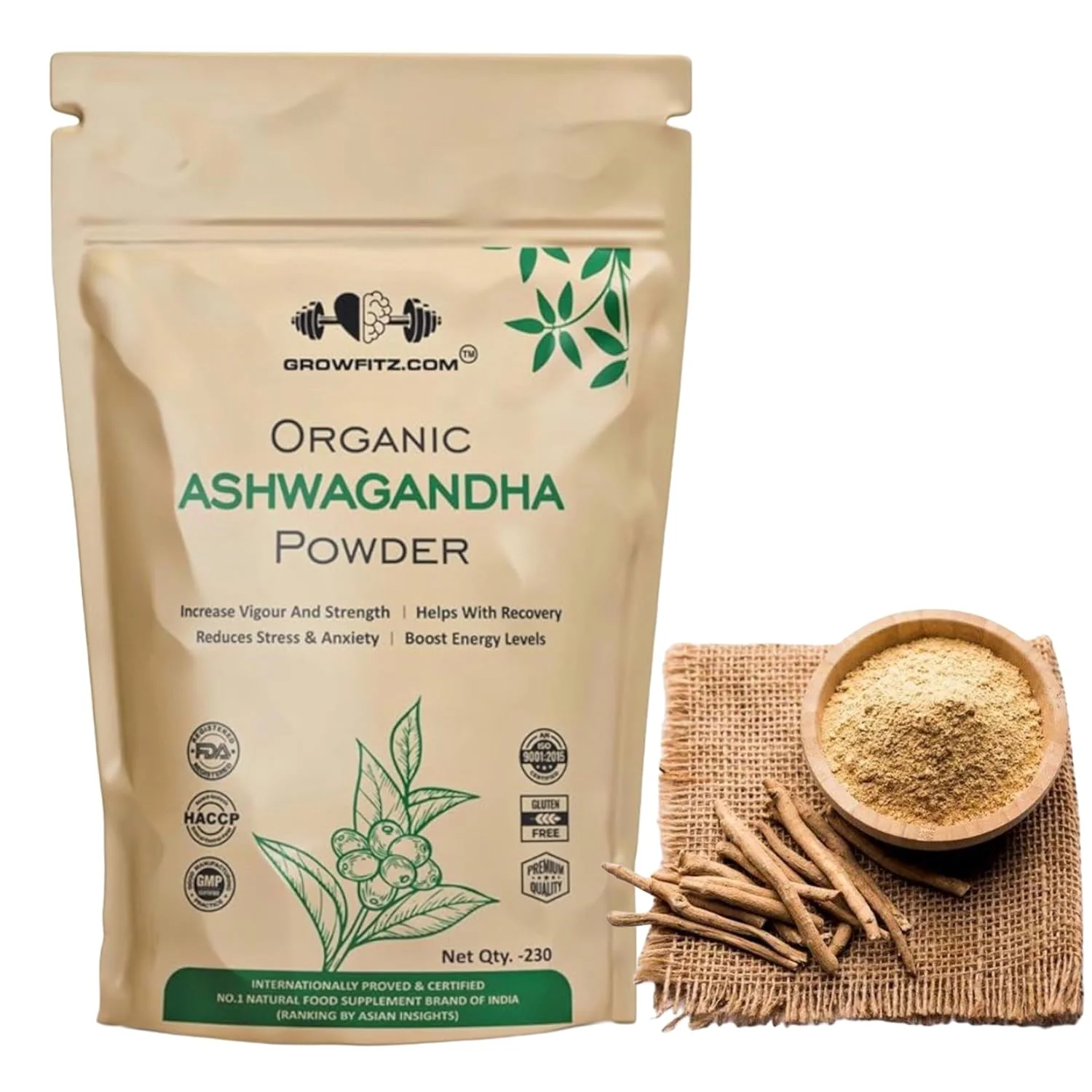 Growfitz Organic Ashwagandha Root Powder, Stress Relief, Energy Boost, Height Improvement, Sleep Enhancer, Immune System, Anti - Inflammation | 230gm 0.5lbs