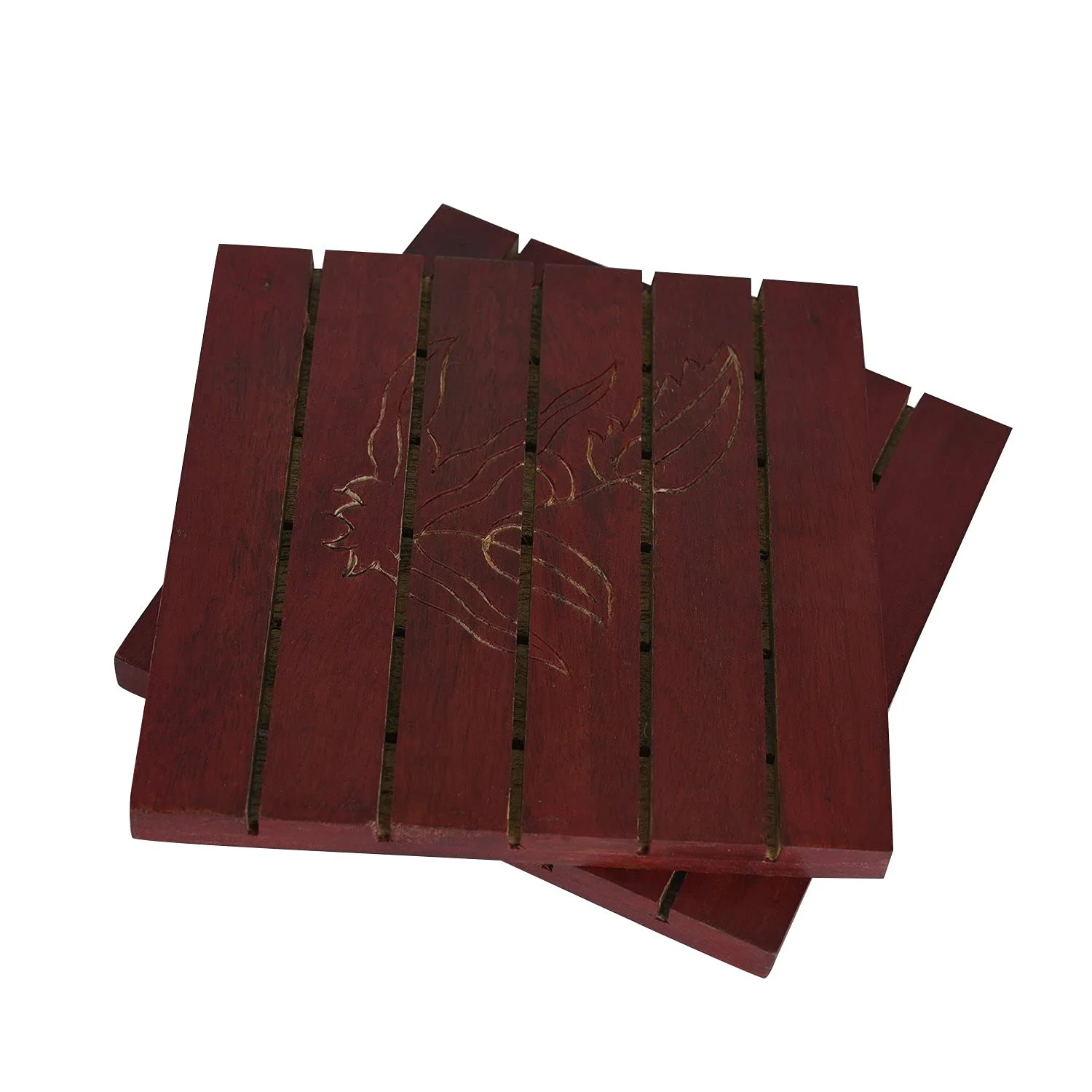 Hand Carved Red Wooden Trivets Set Of 2, Red | Coasters For Drinks - Hot & Cold Wooden Coaster Sets For Dining, Tea & Coffee Table | Decorative Cocktail Coasters - Image 2