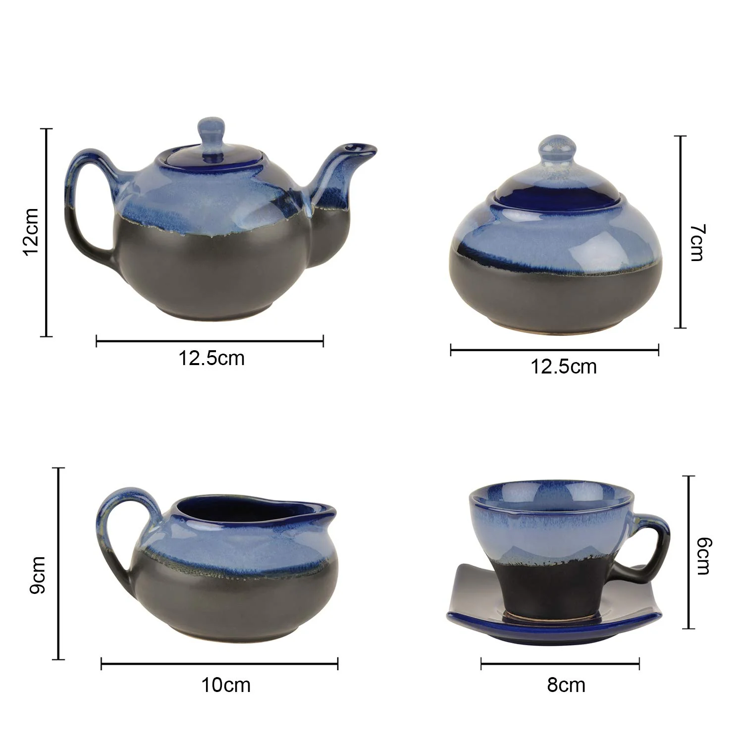 Hand Glazed Dual Tone Ceramic 7 Pieces Morning Set - 1 Tea Pot + 1 Milk Pot + 1 Sugar Pot + 2 Cups With 2 Saucer, Black & Blue - Image 6