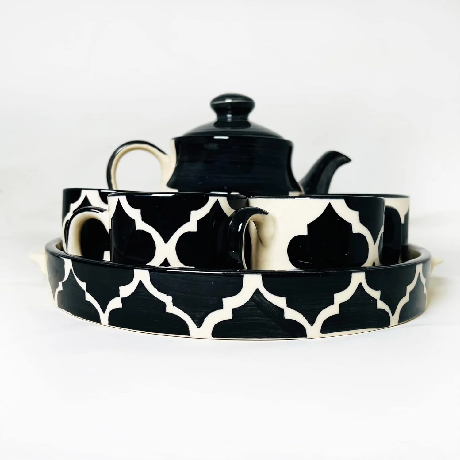 Hand Painted Black Moroccan Tea Set With Kettle - Ceramic Tea Kettle Set With 4 Cups, 150ml Each + 1 Kettle, 700ml + 1 Tray | 6 Pieces - Microwave Safe & Dishwasher Safe - Image 4