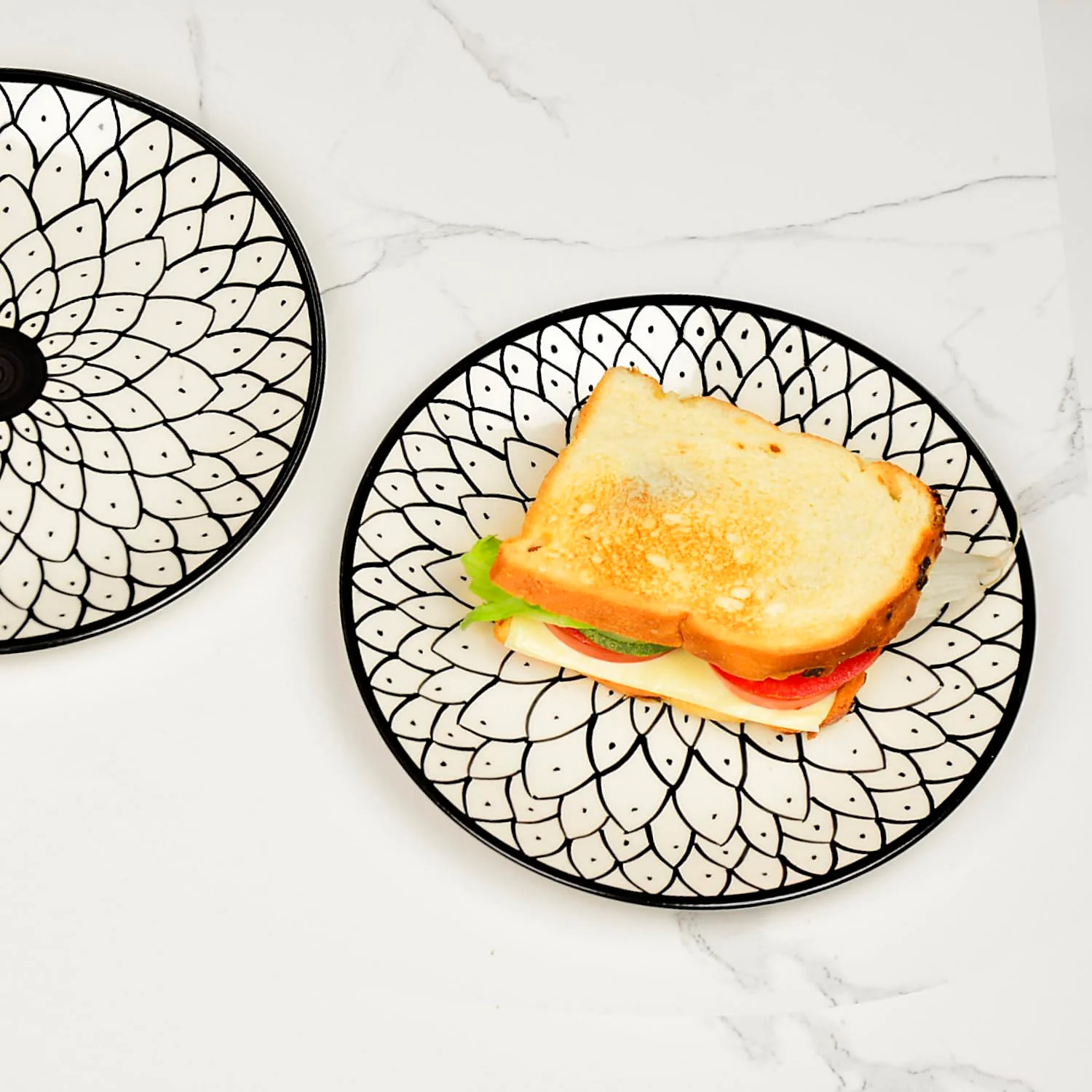 Hand Painted Black & White Spiral Ceramic Quarter Plates Set Of 4 - 7 Inches | Dishwasher Safe Small Side Plates - Microwave Safe Snack Plates For Party - Image 4