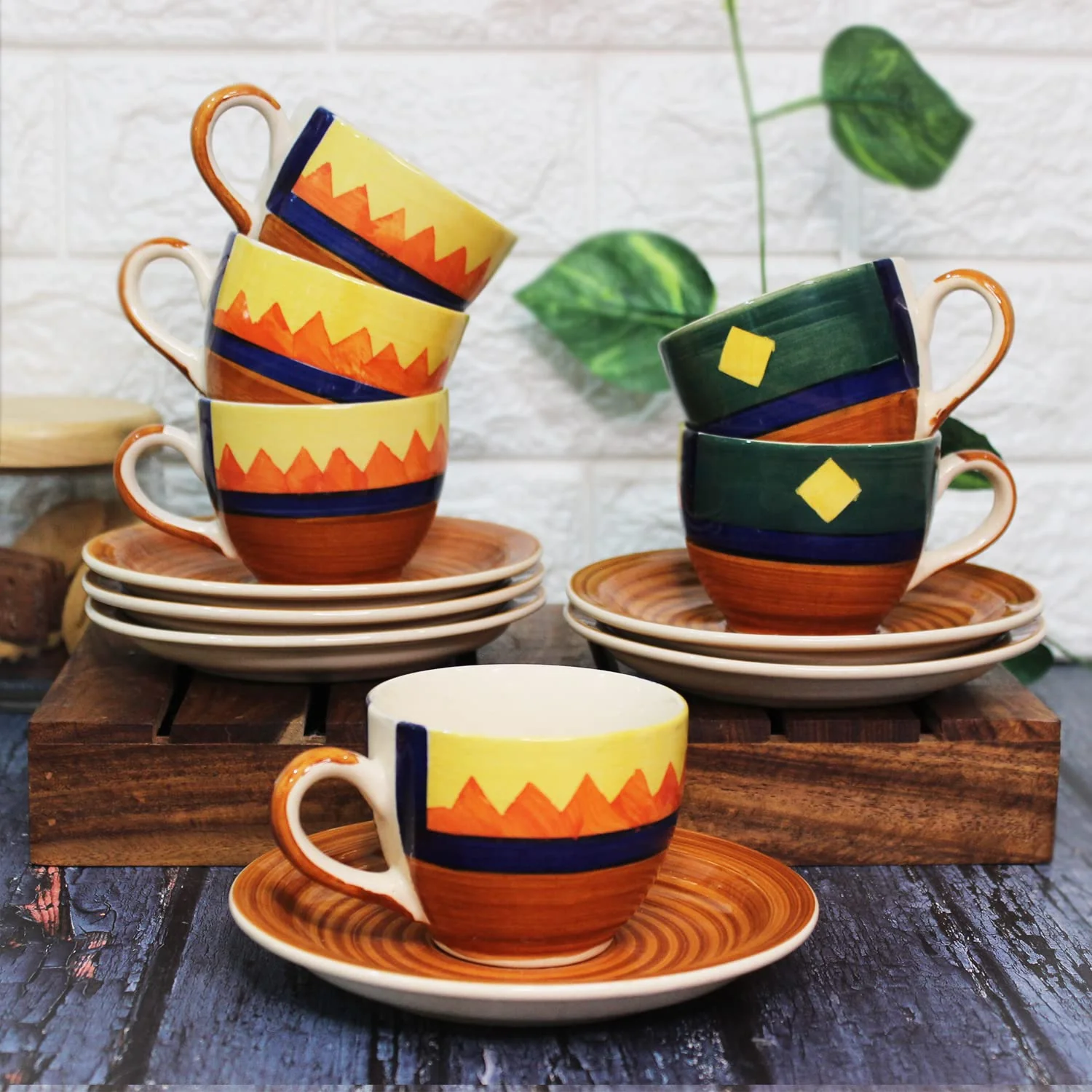 Hand Painted Boho Fiesta Ceramic Cups & Saucers Set Of 6 | Tea Cup Set Of 6 Cups + 6 Saucers For Tea, Coffee, Hot Drinks - 12 Pieces, 150ml, Microwave Safe - Image 2