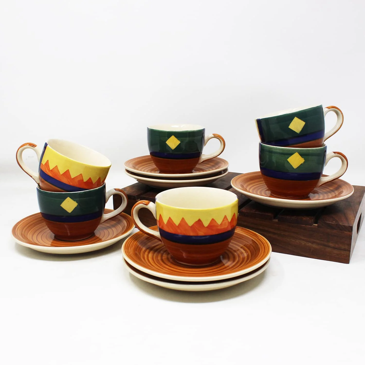 Hand Painted Boho Fiesta Ceramic Cups & Saucers Set Of 6 | Tea Cup Set Of 6 Cups + 6 Saucers For Tea, Coffee, Hot Drinks - 12 Pieces, 150ml, Microwave Safe - Image 3