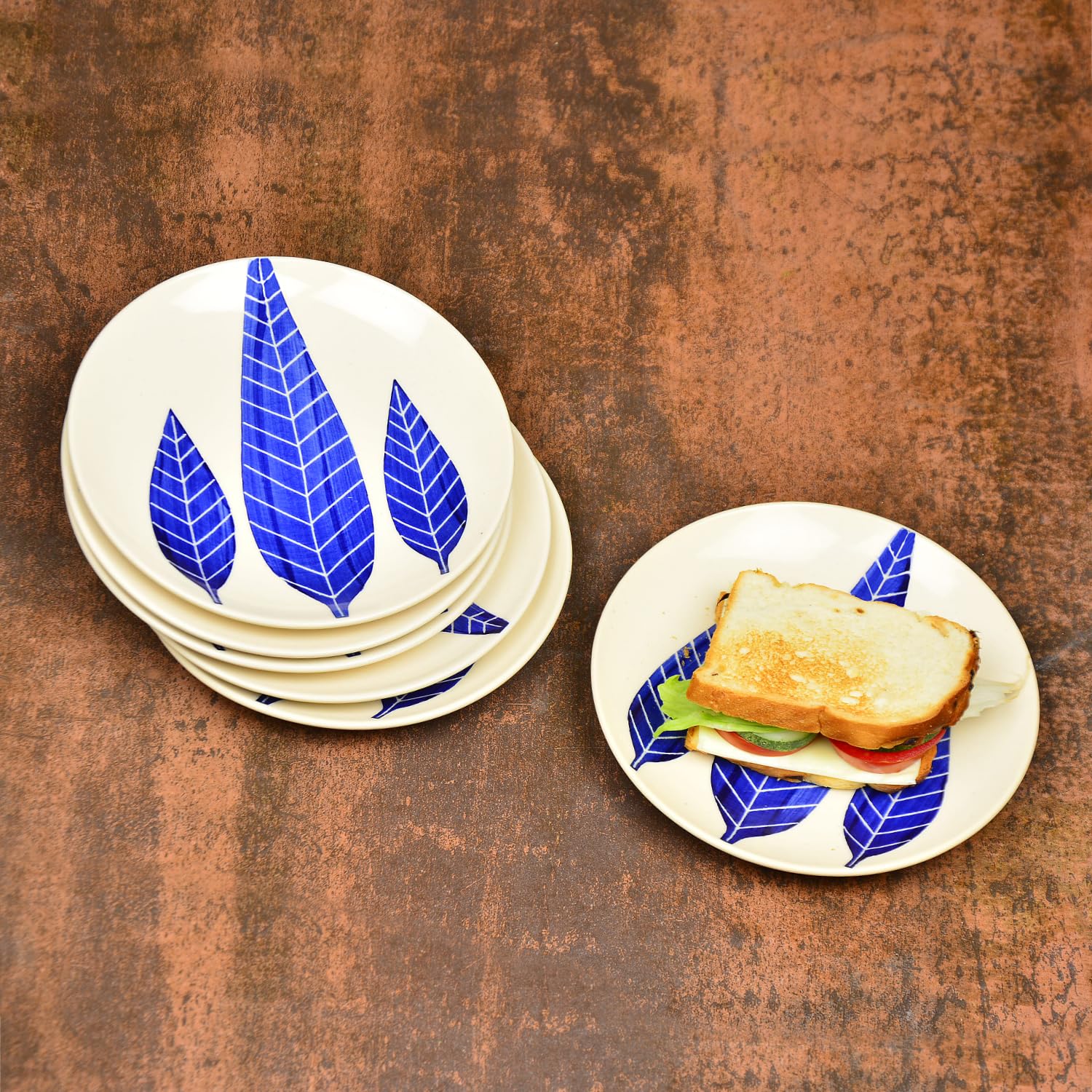 Hand Painted Ceramic Blue Leaf Quarter Plates Set Of 6 - 7 Inches, Blue & White | Dishwasher Safe Small Side Plates - Microwave Safe Snack Plates