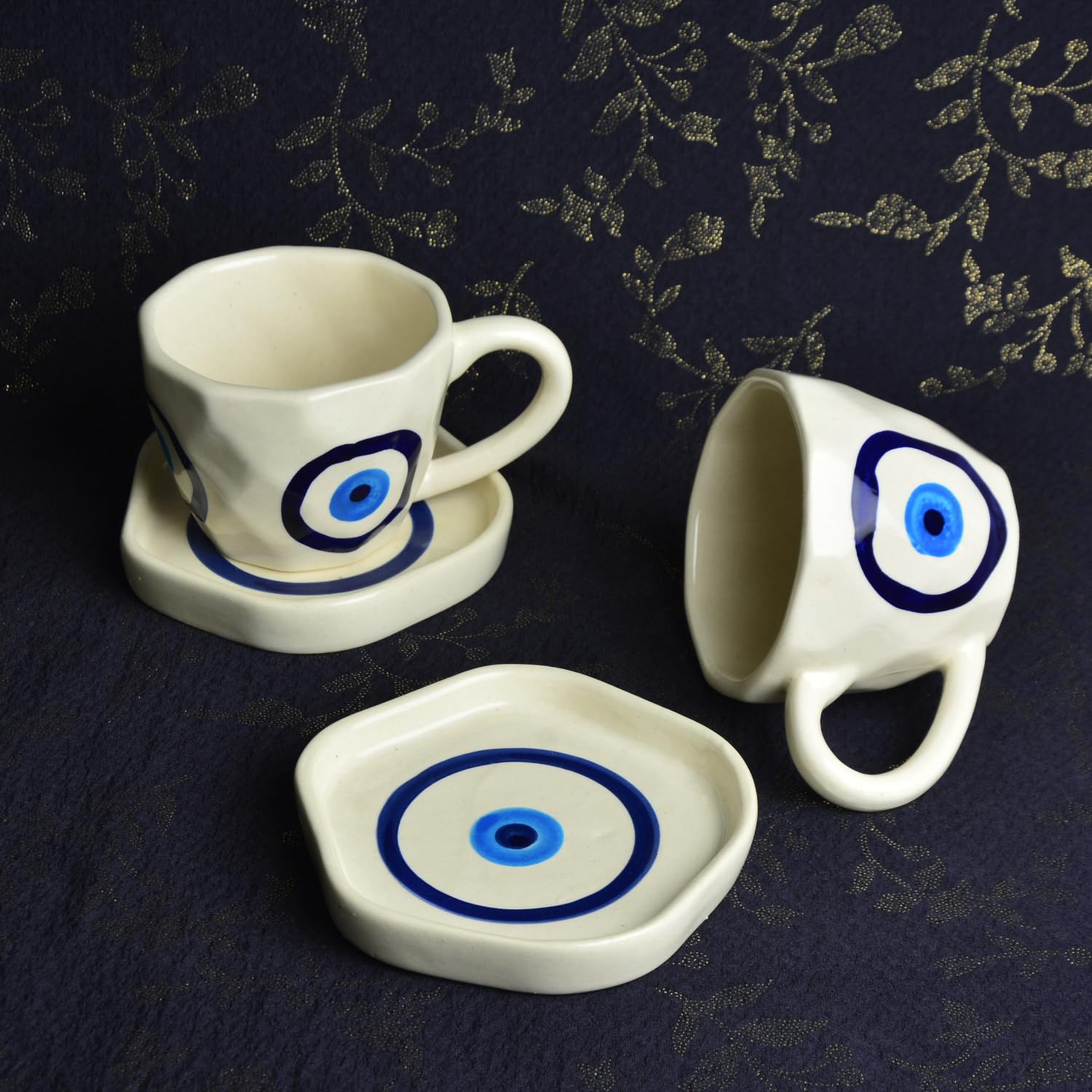 Hand Painted Ceramic Cup & Saucer Set Of 2 - Multicolor, 250ml Each | Microwave Safe Tea Cups & Mugs - Chai Cups & Plates - Image 4