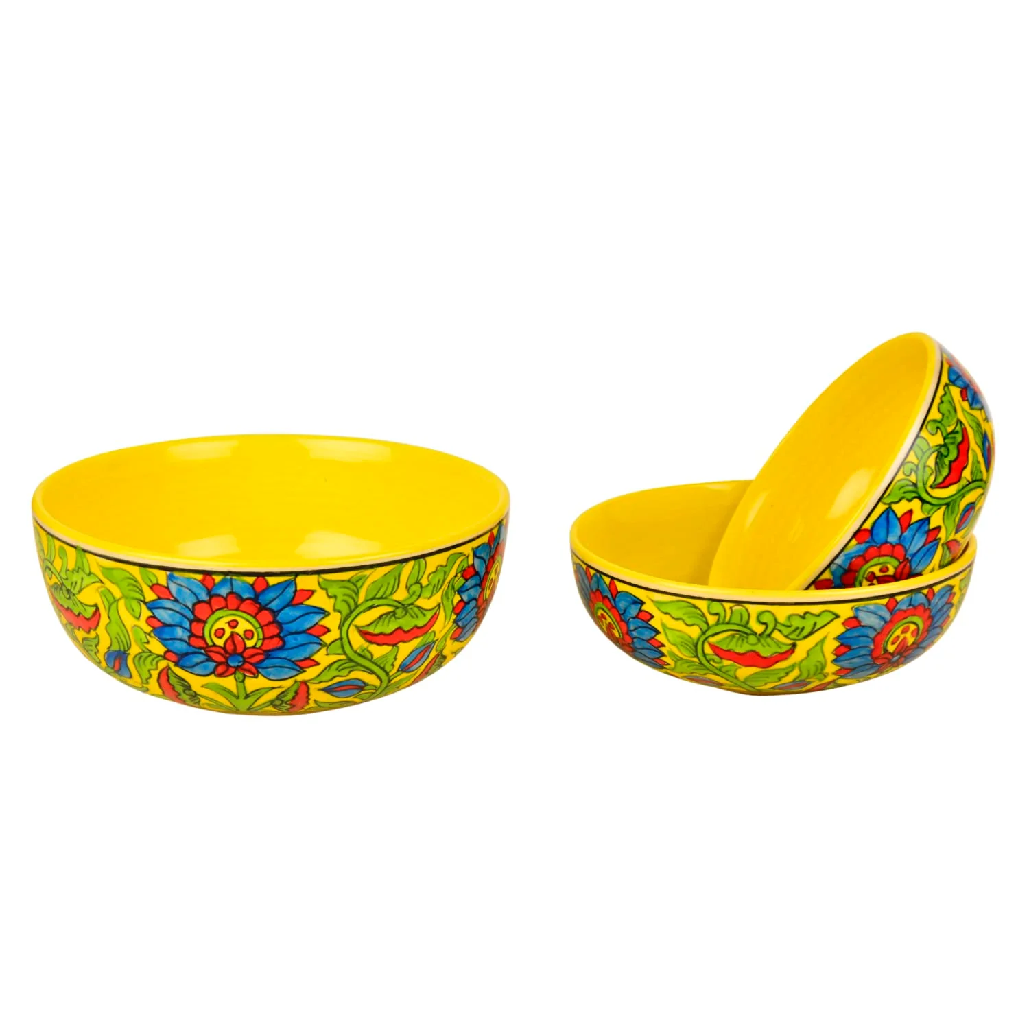 Hand Painted Ceramic Dinner Big Serving Bowls Set Of 3 - Yellow & Multicolor, 1200ml, 1000ml & 800ml | Stackable Kitchen Bowls Set - Mixing Bowls Set - Image 5