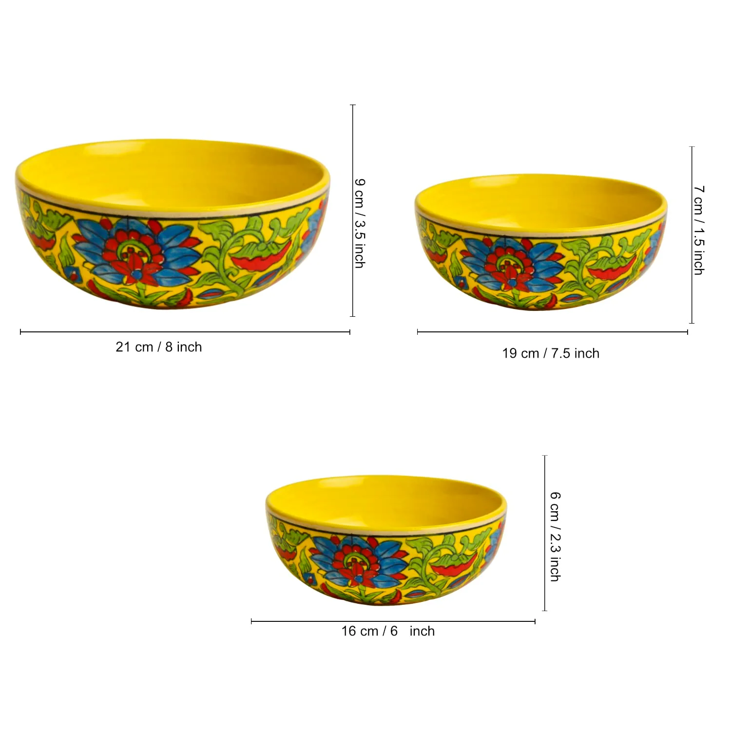 Hand Painted Ceramic Dinner Big Serving Bowls Set Of 3 - Yellow & Multicolor, 1200ml, 1000ml & 800ml | Stackable Kitchen Bowls Set - Mixing Bowls Set - Image 6
