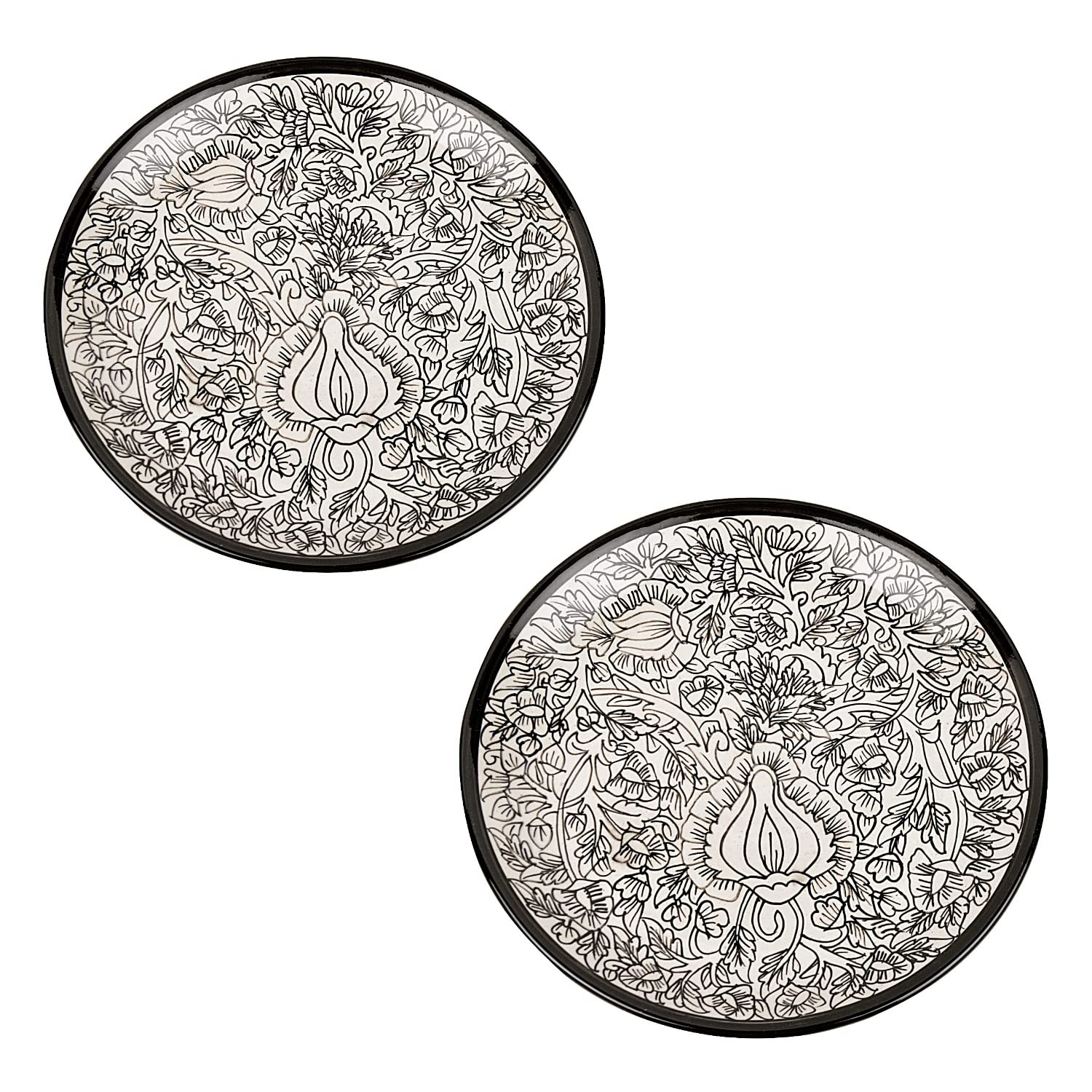 Hand Painted Ceramic Dinner Serving Plates Set Of 2 - Off White & Black, 25 Cm | Full Plates - Ceramic Platter - Kalamkari Collection - Image 5