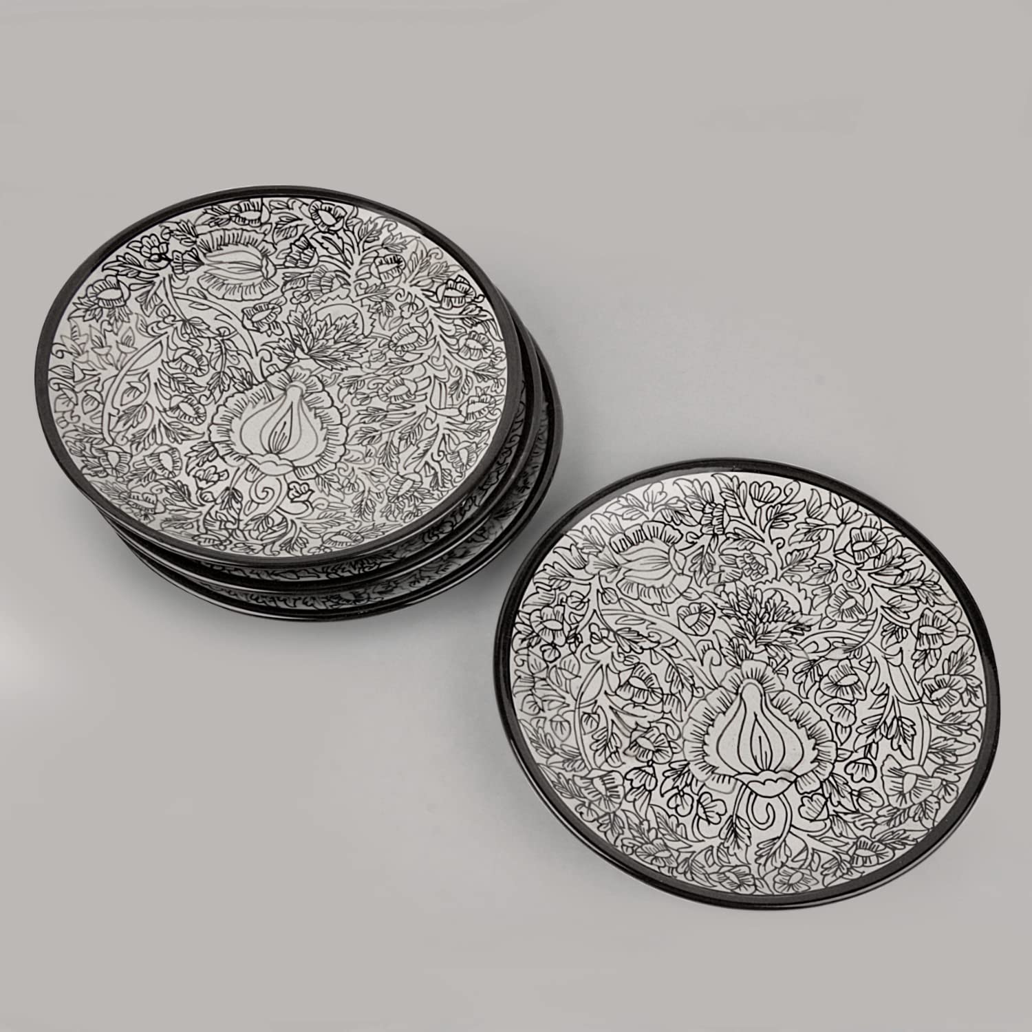 Hand Painted Ceramic Dinner Serving Plates Set Of 4 - Off White & Black, 25 Cm | Full Plates - Ceramic Platter - Kalamkari Collection - Image 3