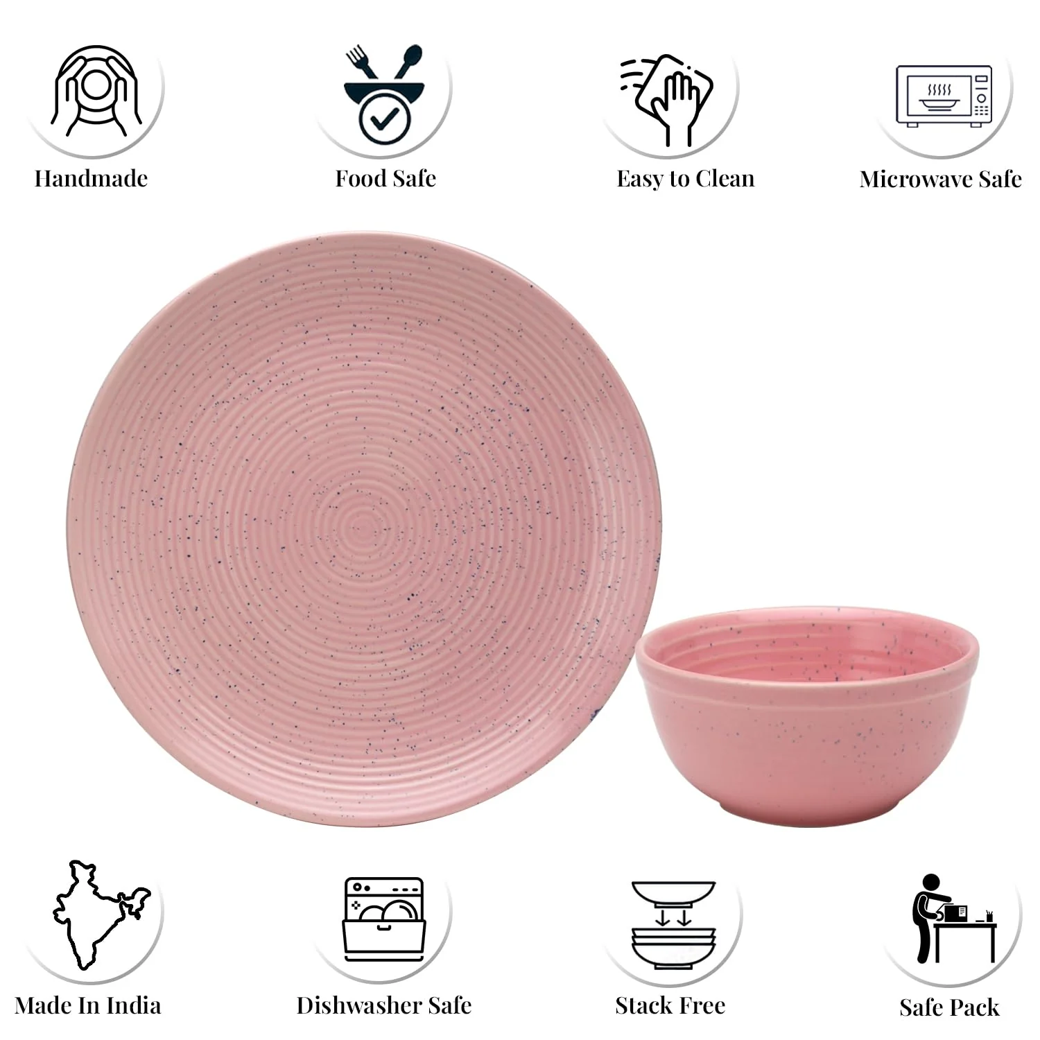 Hand Painted Ceramic Dinner Set Of 12 Pieces Dinnerware Set - Blush Pink | Set Of 6 Dinner Plates + 6 Small Dinner Bowl, 180ml Each - Microwave & Dishwasher Safe - Image 4