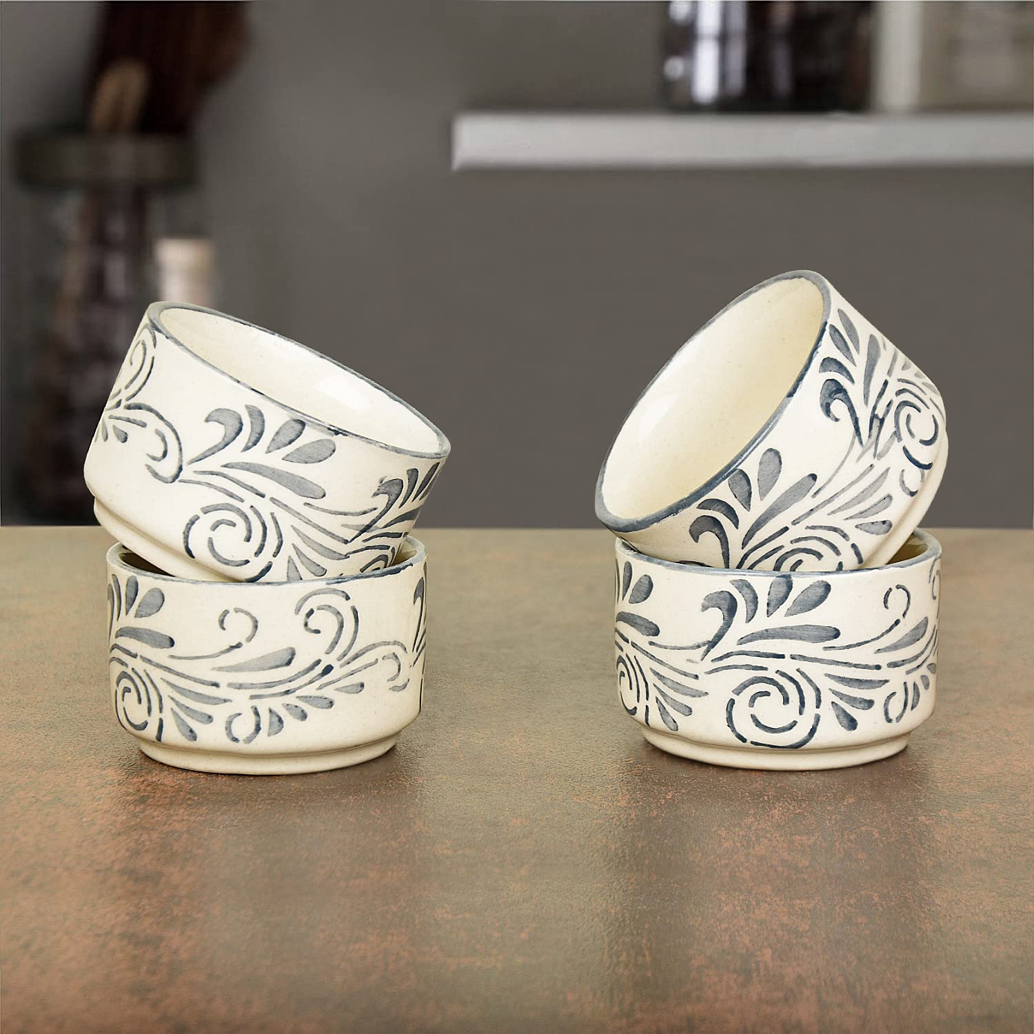Hand Painted Ceramic Dip Bowls Set Of 4 - 50ml Each, Grey & Off White | Chutney Bowls - Ketchup Bowls - Image 2