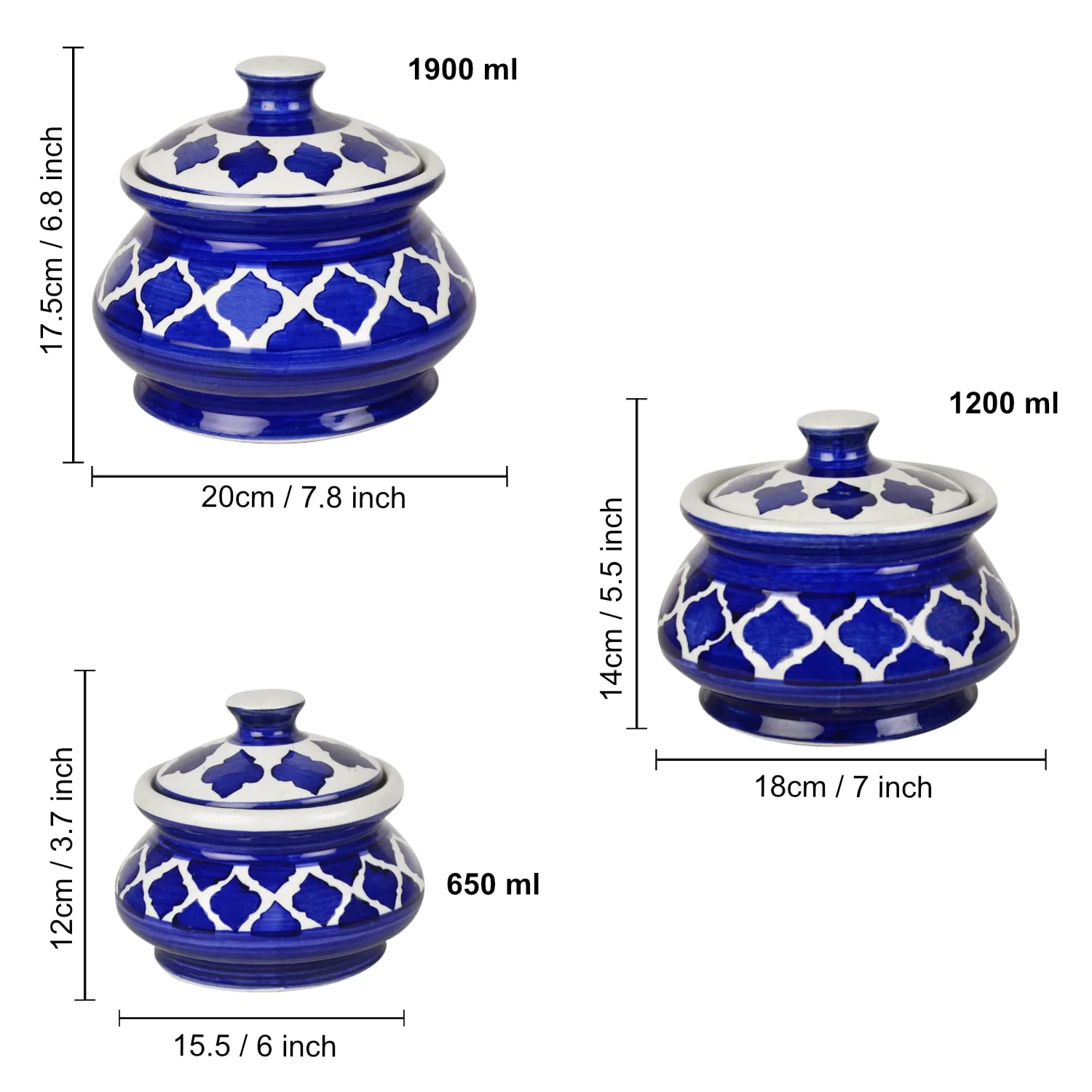 Hand Painted Ceramic Handi Set With Lid Set Of 3 - 1900ml, 1200ml & 650ml, Blue | Dinner Serving Bowls - Biryani Handis, Serving Pots - Image 5