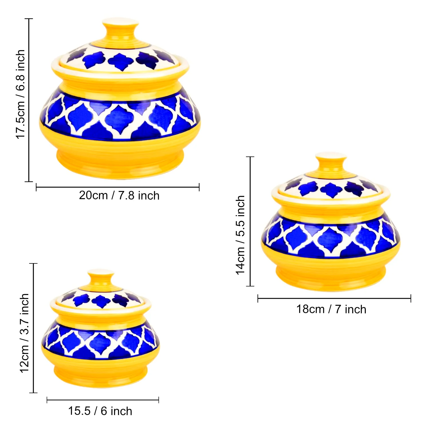 Hand Painted Ceramic Handi Set With Lid Set Of 3 - 1900ml, 1200ml & 650ml, Blue & Yellow | Dinner Serving Bowls - Biryani Handis, Serving Pots - Image 6