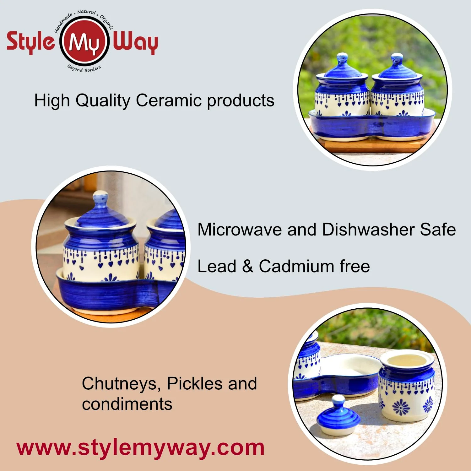 Hand Painted Ceramic Pickle Jar Set With Tray Set Of 2 - Blue & White, 250ml Each | Condiment Set, Masala Container - Pickle & Chutney Jar Set For Dining Table - Image 6