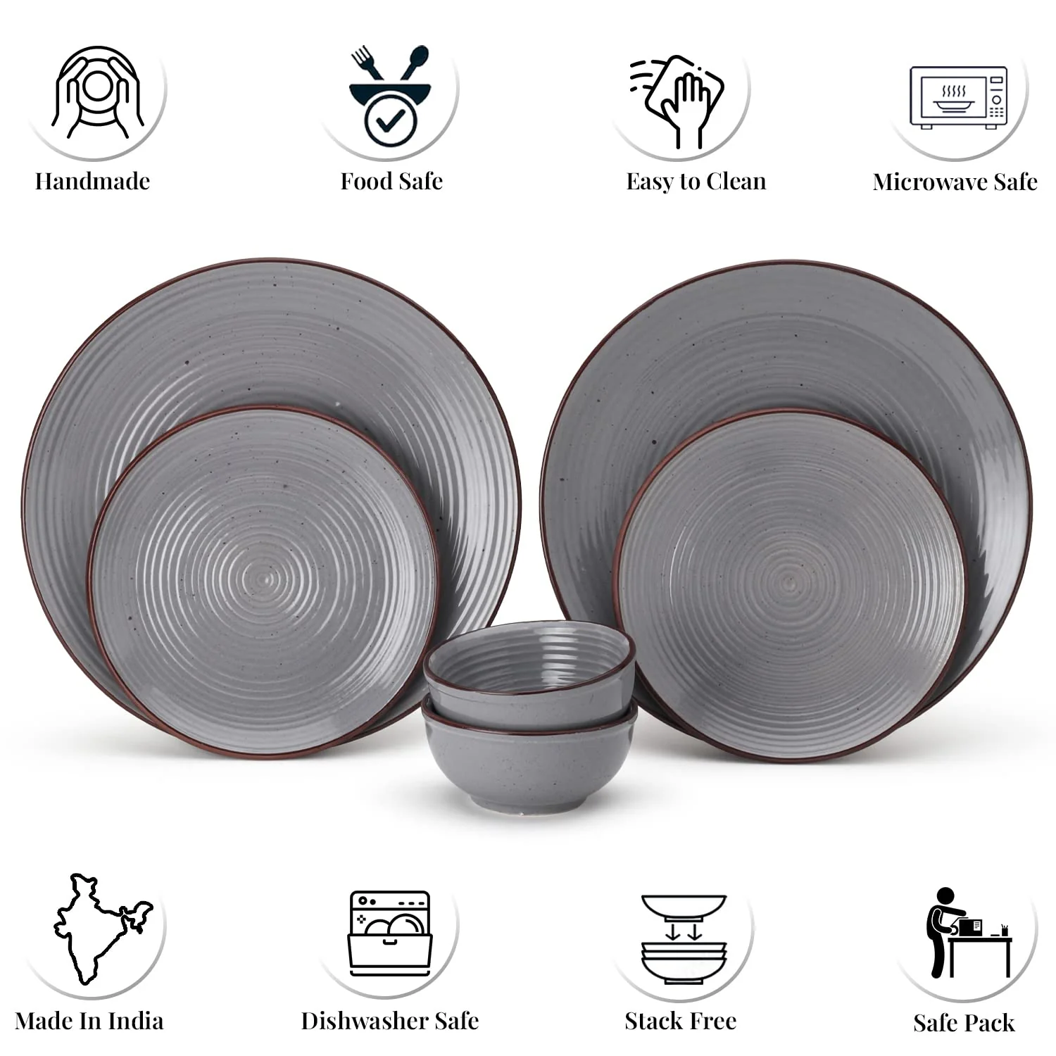 Hand Painted Ceramic Stoneware Dinner Set Of 6 - Grey | 2 Dinner Plates, 10 Inch Each+ 2 Small Plates, 7 Inch Each + 2 Small Dinner Bowls, 180ml Each - Microwave & Dishwasher Safe - Image 4