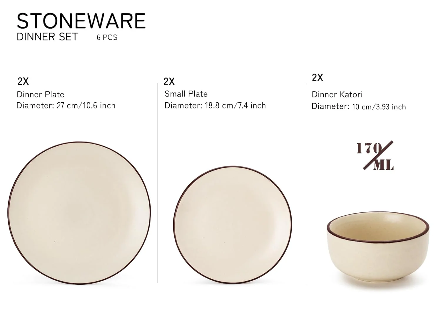 Hand Painted Ceramic Stoneware Dinner Set Of 6 - Off White | 2 Dinner Plates, 10.6 Inch Each+ 2 Small Plates, 7.4 Inch Each + 2 Small Dinner Bowls, 170ml Each - Microwave & Dishwasher Safe - Image 3