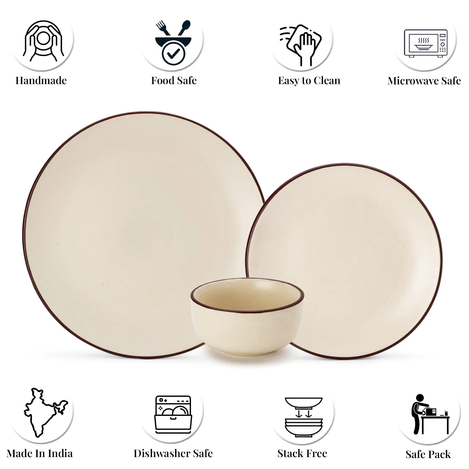 Hand Painted Ceramic Stoneware Dinner Set Of 6 - Off White | 2 Dinner Plates, 10.6 Inch Each+ 2 Small Plates, 7.4 Inch Each + 2 Small Dinner Bowls, 170ml Each - Microwave & Dishwasher Safe - Image 4
