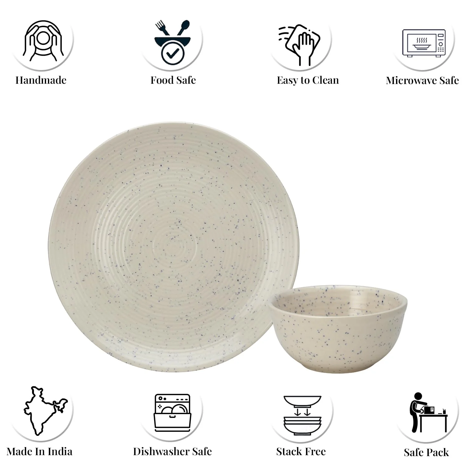 Hand Painted Ceramic Stoneware Dinner Set - Pack Of 6 Pcs, Ivory White | 2 Dinner Plates, 10.6 Inch Each + 4 Salad Bowl, 180ml Each - Microwave & Dishwasher Safe | Crockery Set For Dining & Gifting - Image 4