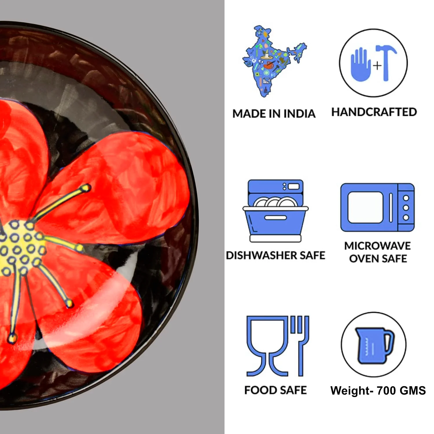 Hand Painted Chic & Sleek Ceramic Shallow Serving Bowl - 8.5 Inches, Red & Black | Salad Bowl, Pasta Serving Bowl - Snack Bowl - Image 5