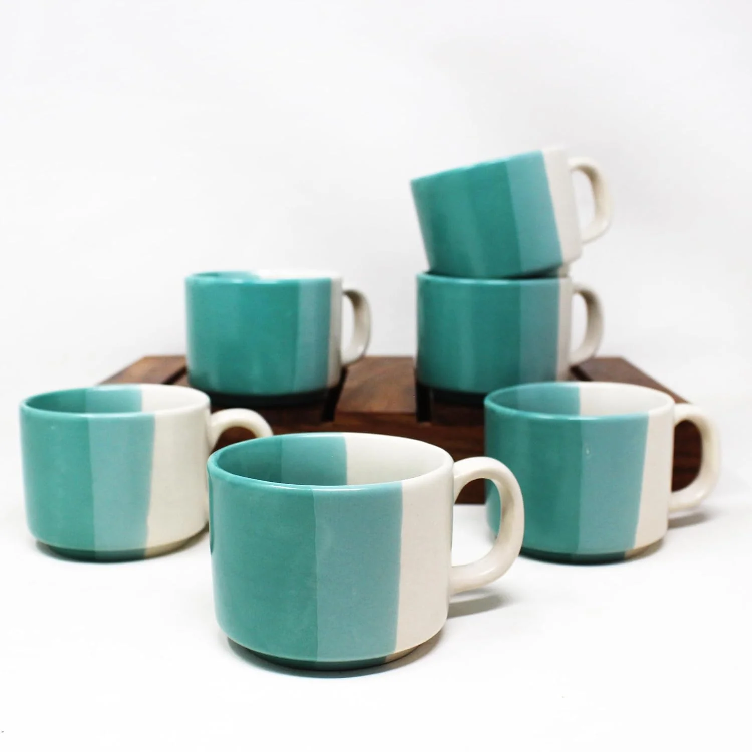 Hand Painted Trihni Ceramic Tea Cups Set Of 6 - 150ml Each, White & Turquoise | Ceramic Cups For Tea, Coffee, Milk - 6 Pieces, Microwave Safe & Scratch Resistant - Image 4