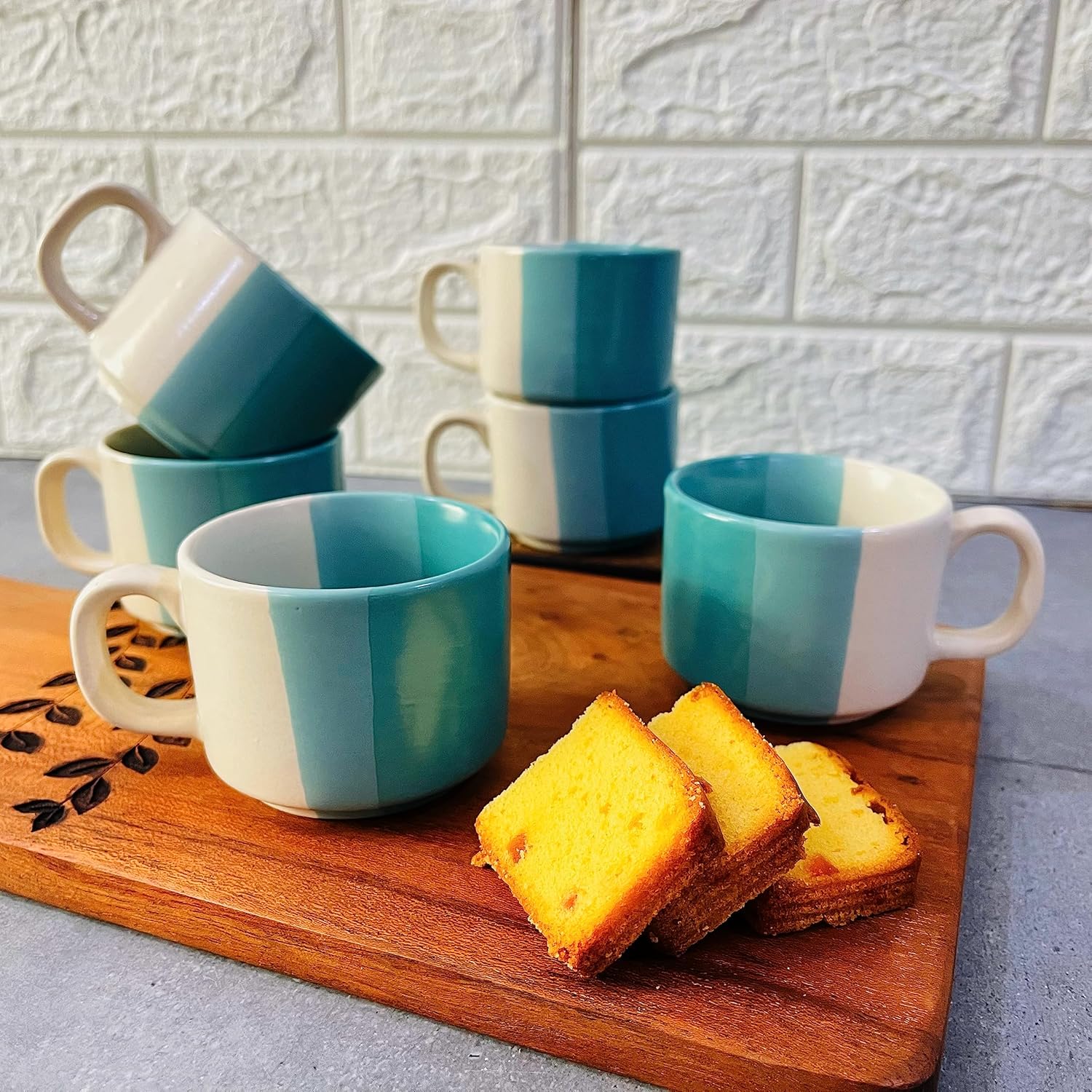Hand Painted Trihni Ceramic Tea Cups Set Of 6 - 150ml Each, White & Turquoise | Ceramic Cups For Tea, Coffee, Milk - 6 Pieces, Microwave Safe & Scratch Resistant - Image 5