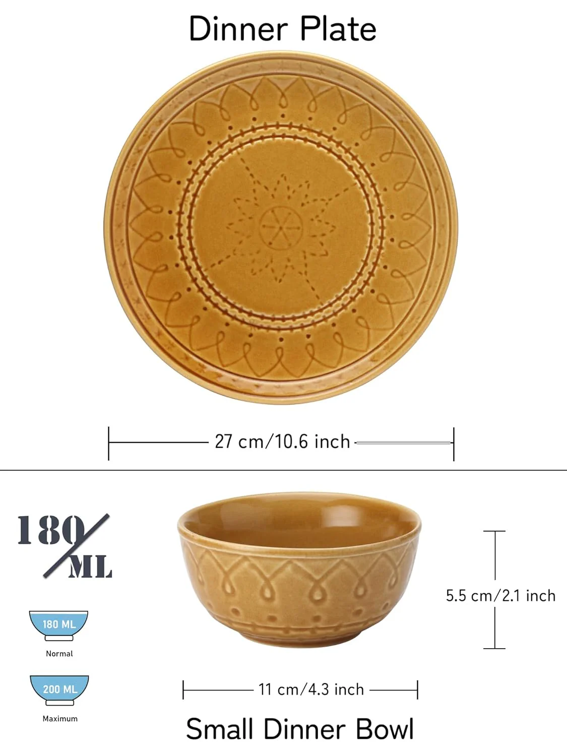 Handcrafted Ceramic Embossed Dinner Set Of 18 Pcs - Golden Brown | 6 Dinner Plates + 12 Small Dinner Bowl, 180ml Each - Microwave & Dishwasher Safe | Crockery Set For Dining & Gifting - Image 3