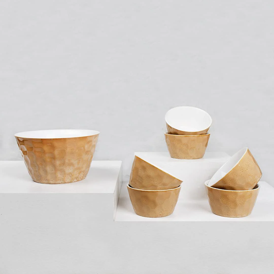 Handcrafted Ceramic Pudding Serving Set Of 7 - Beige, Big Bowl 700ml & Small Bowls 150ml Each | Dessert Bowl Set - Dinner Serving Bowl Set | Snack Serving Set - Image 2