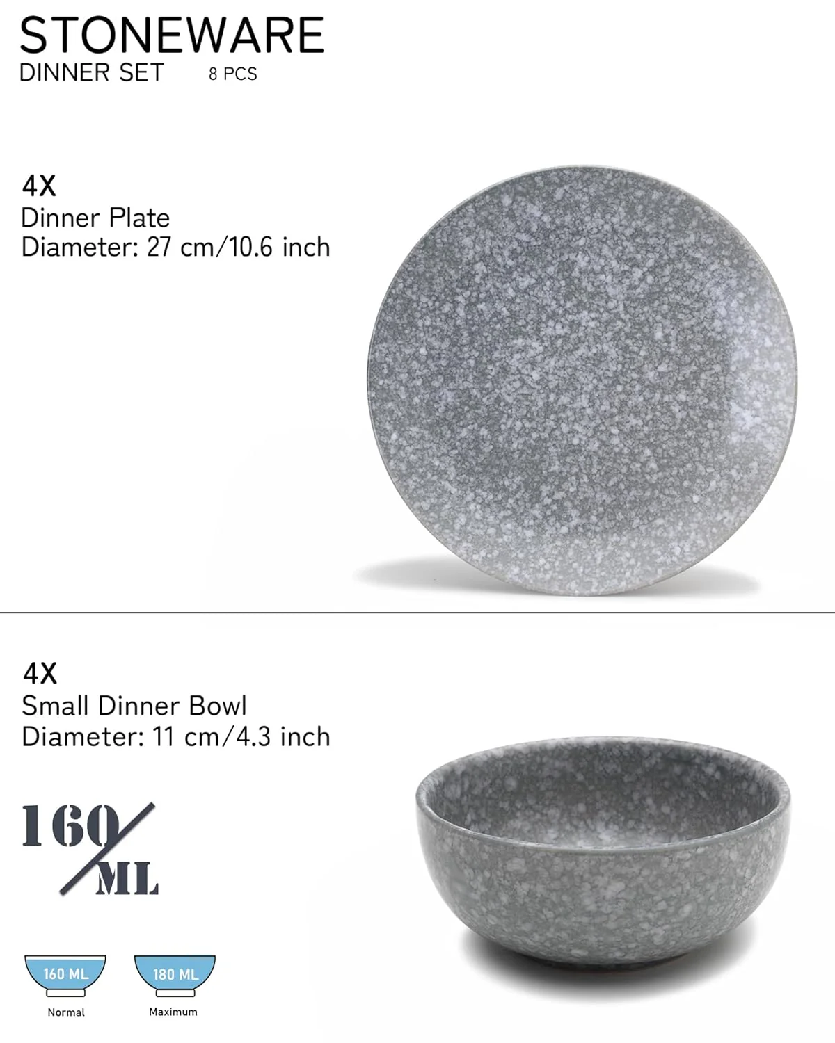 Handcrafted Ceramic Serving Dinner Set Of 4 - Ceramic Pack Of 8 Pcs, Silver Grey | 4 Dinner Plates + 4 Bowl Or Katori, 160ml Each - Microwave & Dishwasher Safe | Serving For 4 - Image 2