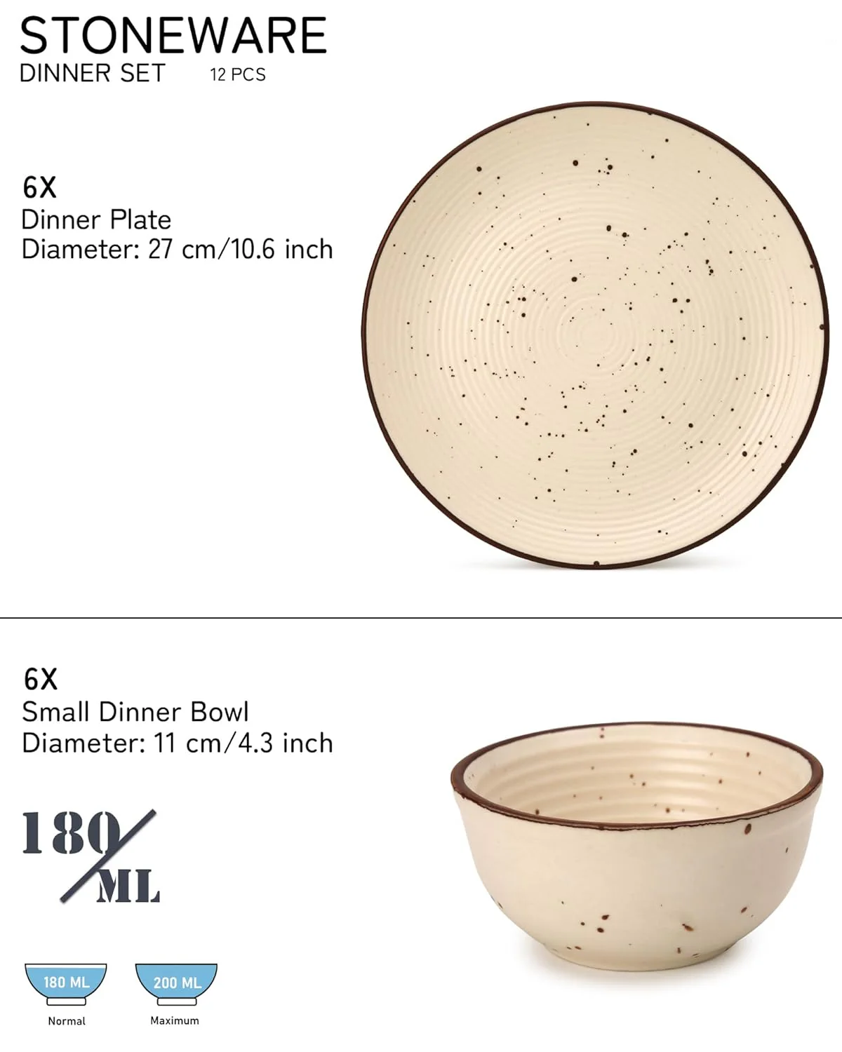 Handcrafted Ceramic Solid Dinner Set Of 12 - Beige | 6 Serving Dinner Plates, 10.6 Inch Each + 6 Small Dinner Bowls, 180ml Each | Stoneware - Dinnerware | Microwave & Dishwasher Safe - Image 2