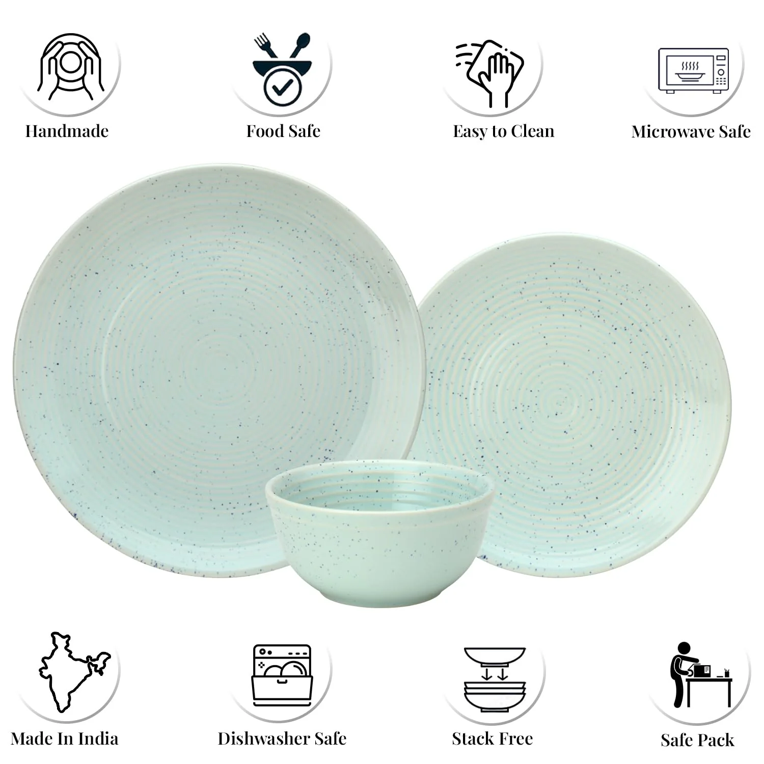 Handcrafted Ceramic Solid Dinner Set Of 18 - Mint Green | 6 Dinner Plates, 10.6 Inch Each+ 6 Small Plates, 7.4 Inch Each + 6 Small Dinner Bowls, 180ml Each - Microwave & Dishwasher Safe - Image 3