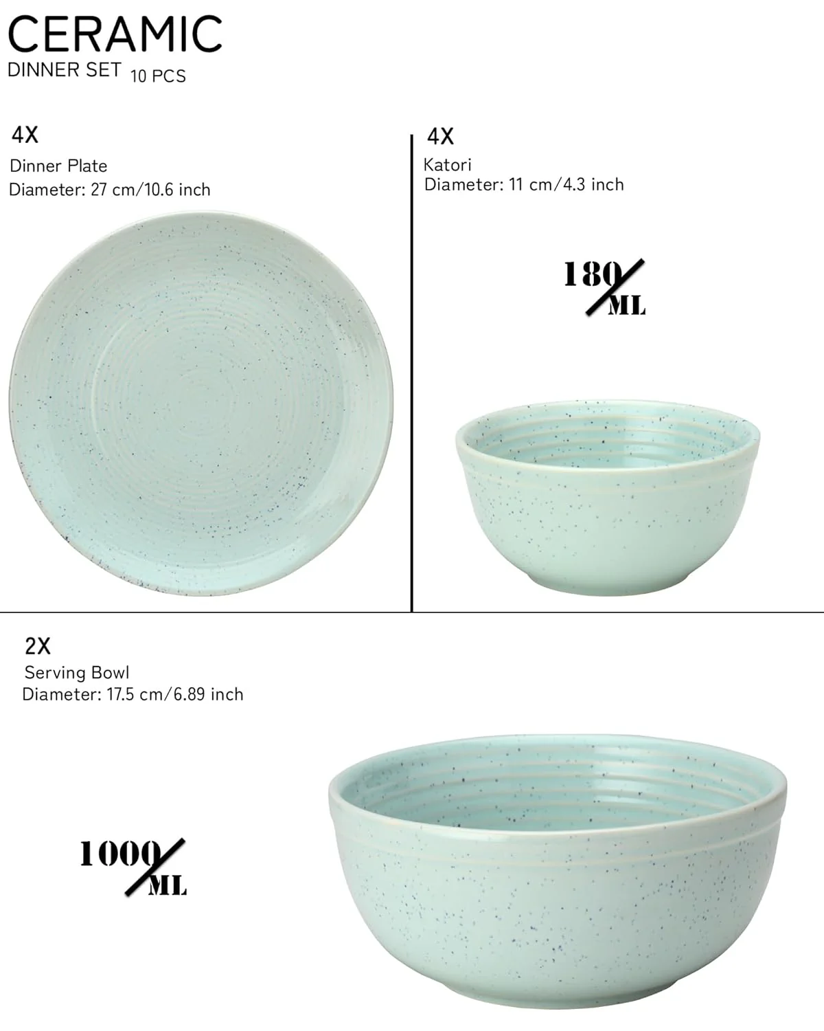 Handcrafted Ceramic Stoneware Dinner Set Of 10 Pcs With Serving Bowl Set - Mint Green | 4 Dinner Plates, 10.6 Inch Each + 4 Salad Bowl, 180ml Each+ 2 Serving Bowl, 1000ml Each - Image 2