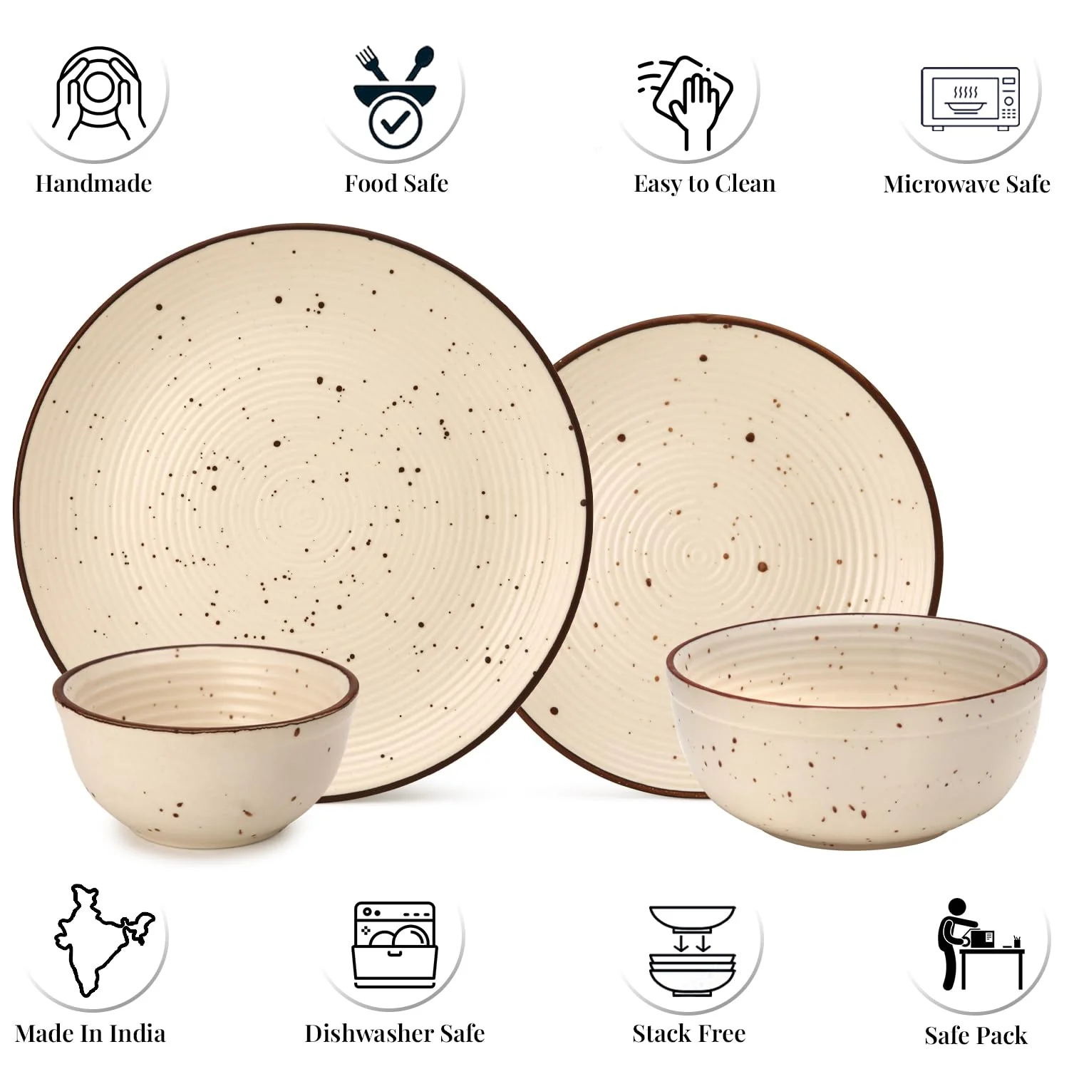 Handcrafted Ceramic Stoneware Dinner Set Of 14 Pieces With Serving Bowl Set - Beige | 4 Dinner Plates + 4 Small Plates + 4 Dinner Bowl, 180ml Each+ 2 Serving Bowl, 1000ml Each - Microwave Safe - Image 4