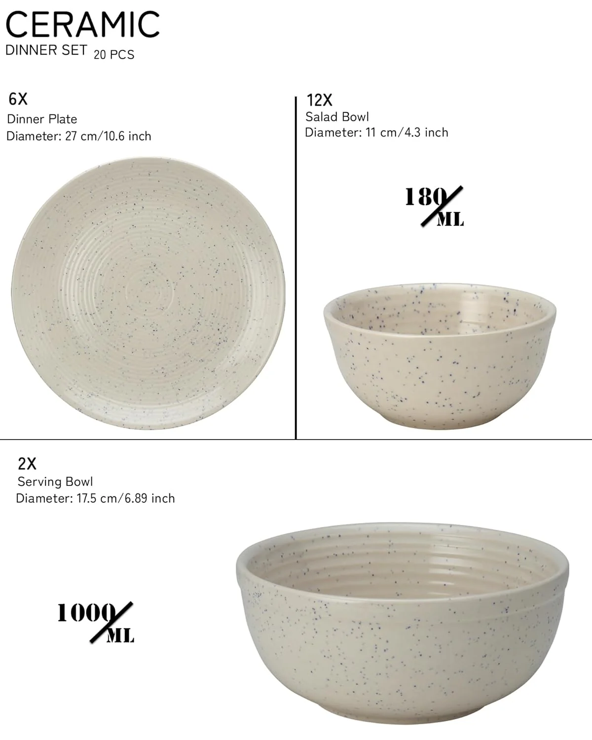 Handcrafted Ceramic Stoneware Dinner Set Of 20 Pcs With Serving Bowl Set - Ivory White | 6 Dinner Plates, 10.6 Inch Each + 12 Salad Bowl, 180ml Each+ 2 Serving Bowl, 1000ml Each | Serving For 6 - Image 2