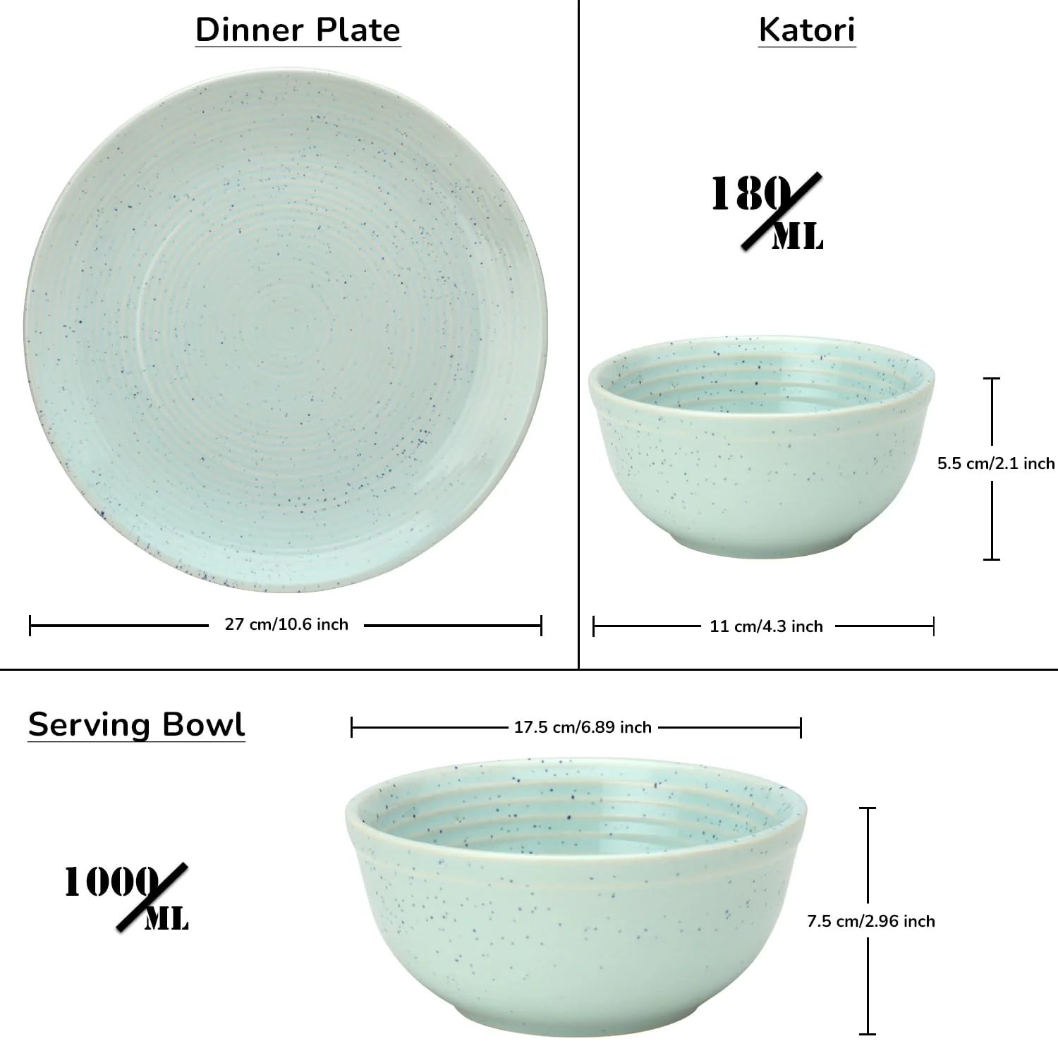 Handcrafted Ceramic Stoneware Dinner Set Of 20 Pcs With Serving Bowl Set - Mint Green | 6 Dinner Plates, 10.6 Inch Each + 12 Salad Bowl, 180ml Each+ 2 Serving Bowl, 1000ml Each | Serving For 6 - Image 3