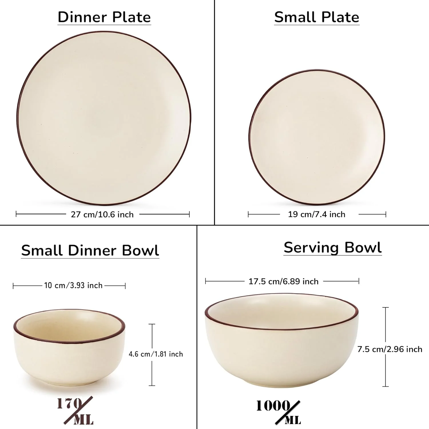Handcrafted Ceramic Stoneware Dinner Set Of 20 Pieces With Serving Bowls Set - Off White | 6 Dinner Plates + 6 Small Plates + 6 Small Dinner Bowl, 170ml Each+ 2 Serving Bowl, 1000ml Each - Image 3