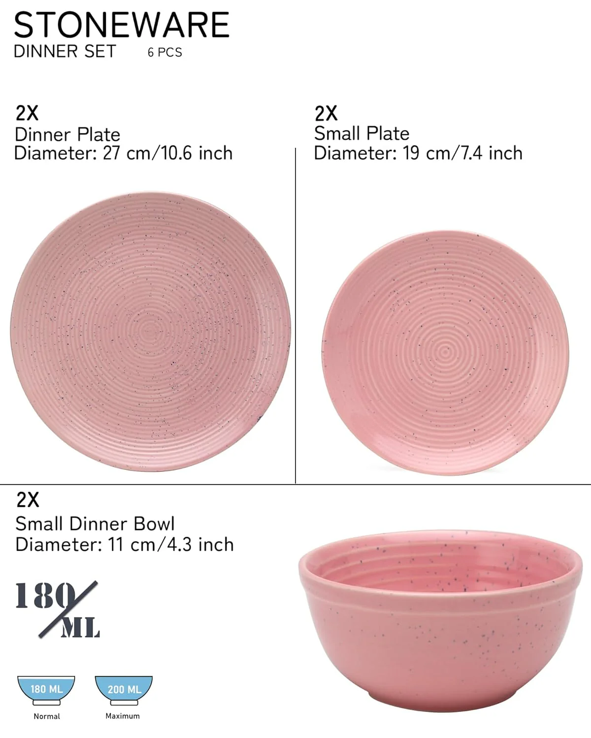 Handcrafted Ceramic Stoneware Dinner Set Of 6 - Blush Pink | 2 Dinner Plates, 10.6 Inch Each+ 2 Small Plates, 7.4 Inch Each + 2 Small Dinner Bowls, 180ml Each | Microwave & Dishwasher Safe - Image 2