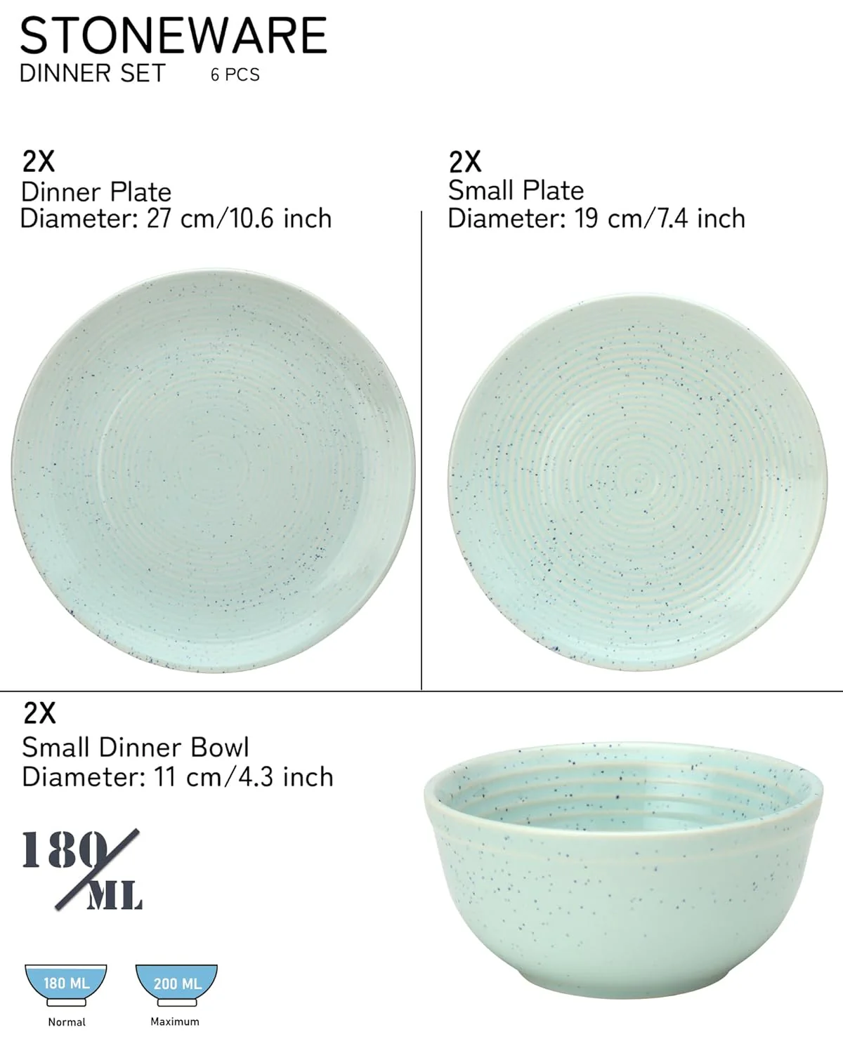 Handcrafted Ceramic Stoneware Dinner Set Of 6 - Mint Green | 2 Dinner Plates, 10.6 Inch Each+ 2 Small Plates, 7.4 Inch Each + 2 Small Dinner Bowls, 180ml Each - Microwave & Dishwasher Safe - Image 2