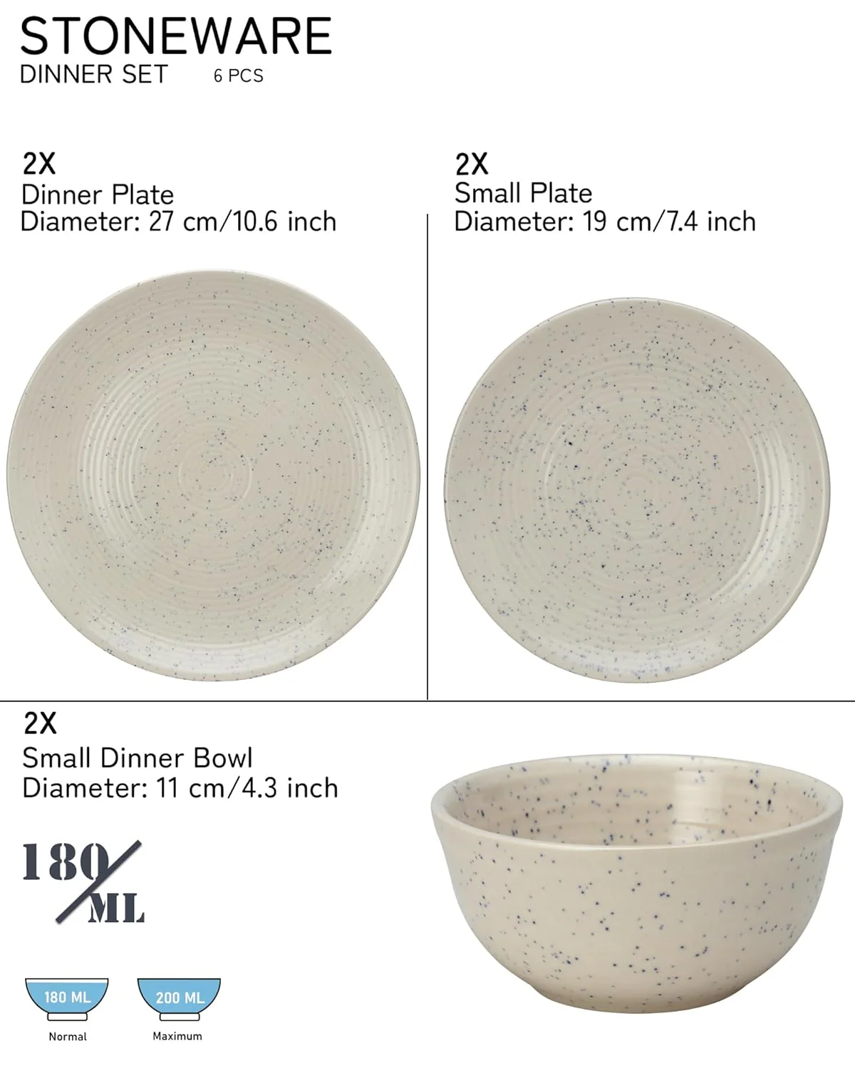 Handcrafted Ceramic Stoneware Dinner Set Of 6 Pcs - Ivory White | 2 Dinner Plates, 10.6 Inch Each + 2 Small Plates, 7.4 Inch Each + 2 Small Dinner Bowl, 180ml Each | Microwave & Dishwasher Safe - Image 2
