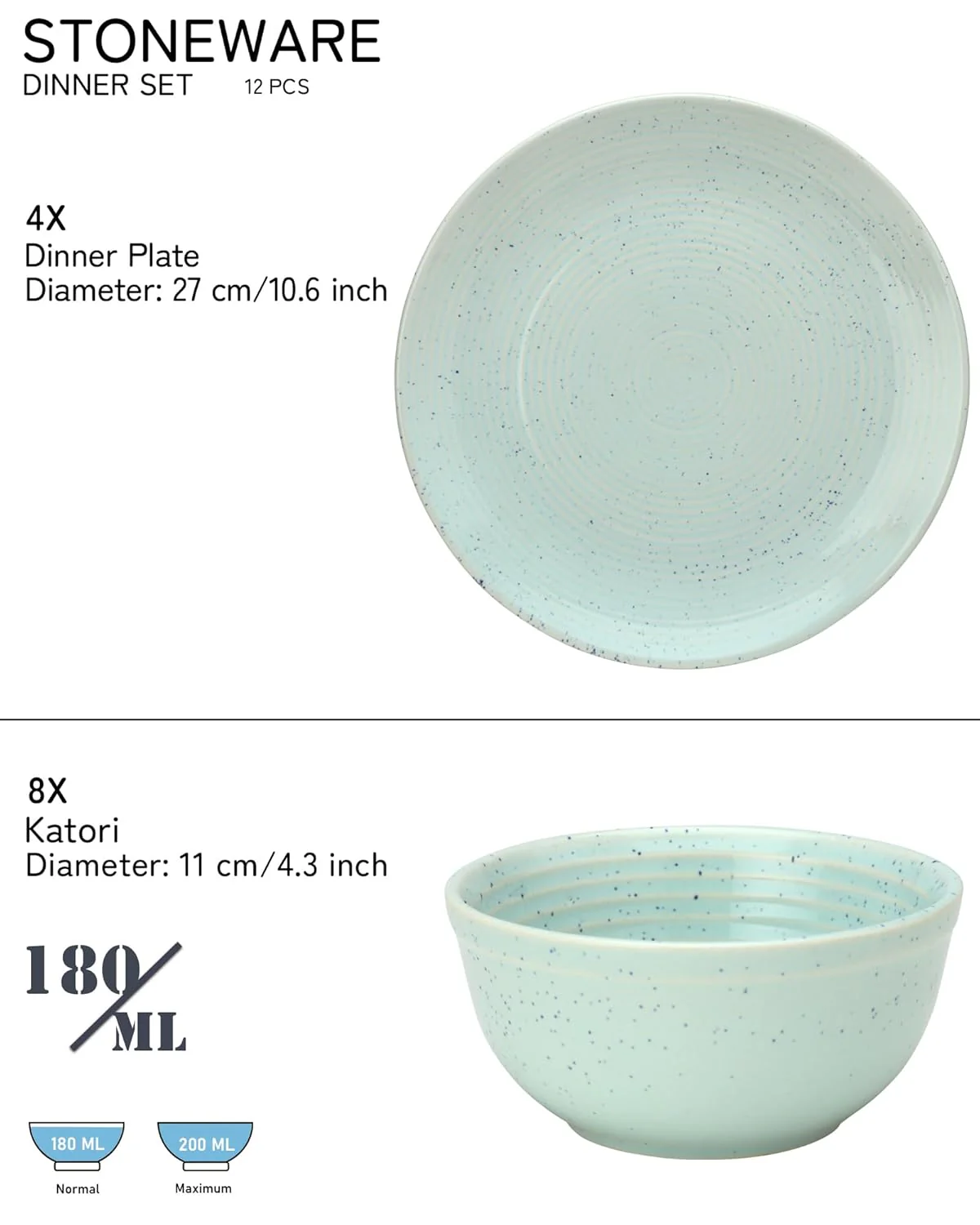 Handcrafted Ceramic Stoneware Dinner Set - Pack Of 12 Pcs, Mint Green | 4 Dinner Plates, 10.6 Inch Each + 8 Salad Bowl, 180ml Each - Microwave & Dishwasher Safe - Image 2