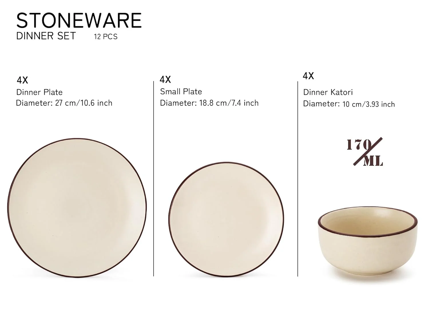 Handcrafted Ceramic Stoneware Dinner Set - Pack Of 12 Pcs, Off-White | 4 Dinner Plates, 10.6 Inch Each + 4 Small Plates, 7.4 Inch Each+ 4 Small Dinner Bowl, 170ml Each - Microwave & Dishwasher Safe - Image 2