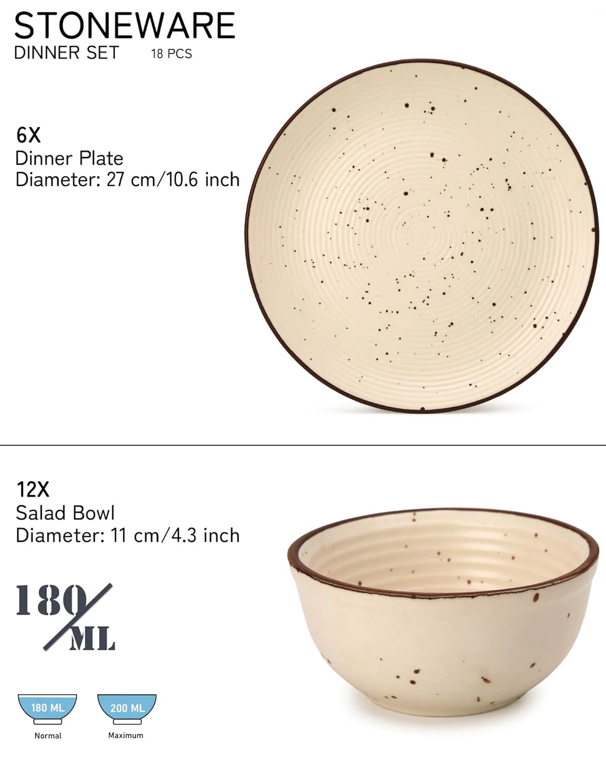 Handcrafted Ceramic Stoneware Dinner Set - Pack Of 18 Pcs, Beige | 6 Dinner Plates, 10.6 Inch Each + 12 Salad Bowl, 180ml Each - Microwave & Dishwasher Safe | Crockery Set For Dining & Gifting - Image 3