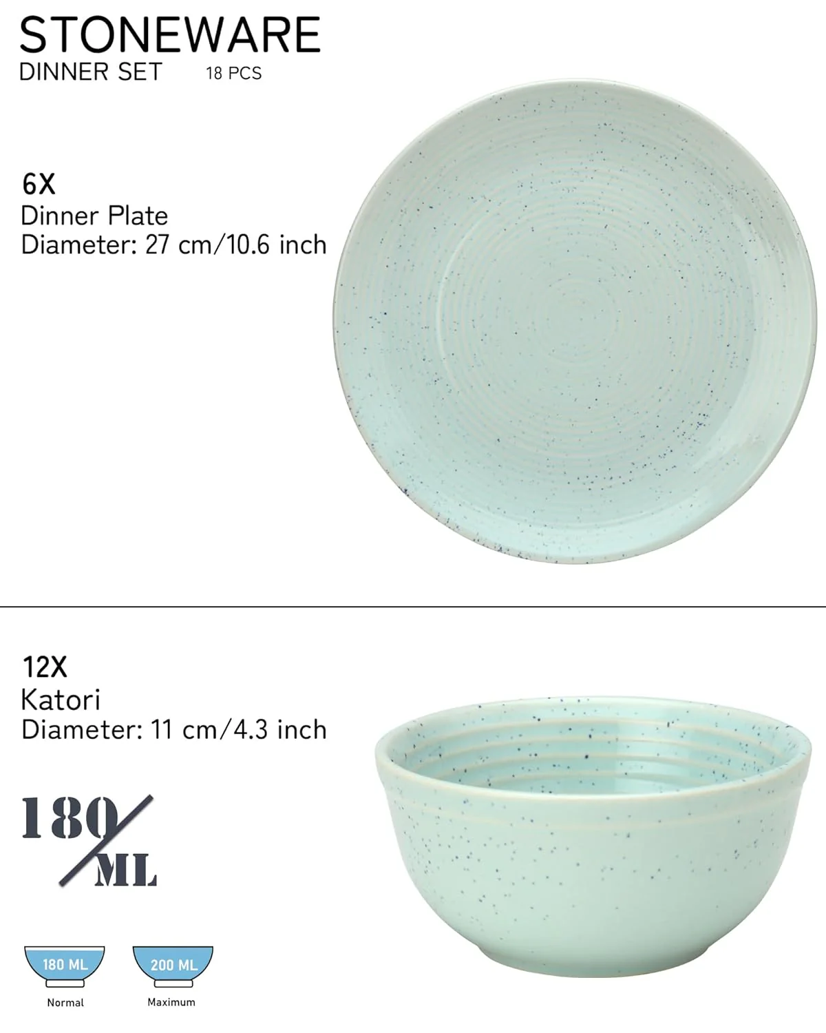 Handcrafted Ceramic Stoneware Dinner Set - Pack Of 18 Pcs, Mint Green | 6 Dinner Plates, 10.6 Inch Each + 12 Salad Bowl, 180ml Each - Microwave & Dishwasher Safe - Image 2