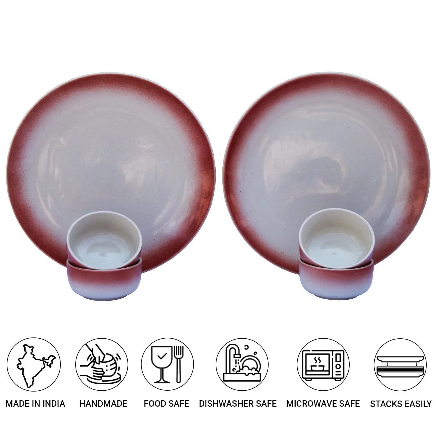 Handcrafted Ceramic Stoneware Dinner Set - Pack Of 6 Pcs, Off White & Red | 2 Dinner Plates, 10 Inch Each + 4 Dinner Katori, 180ml Each - Microwave & Dishwasher Safe - Image 4