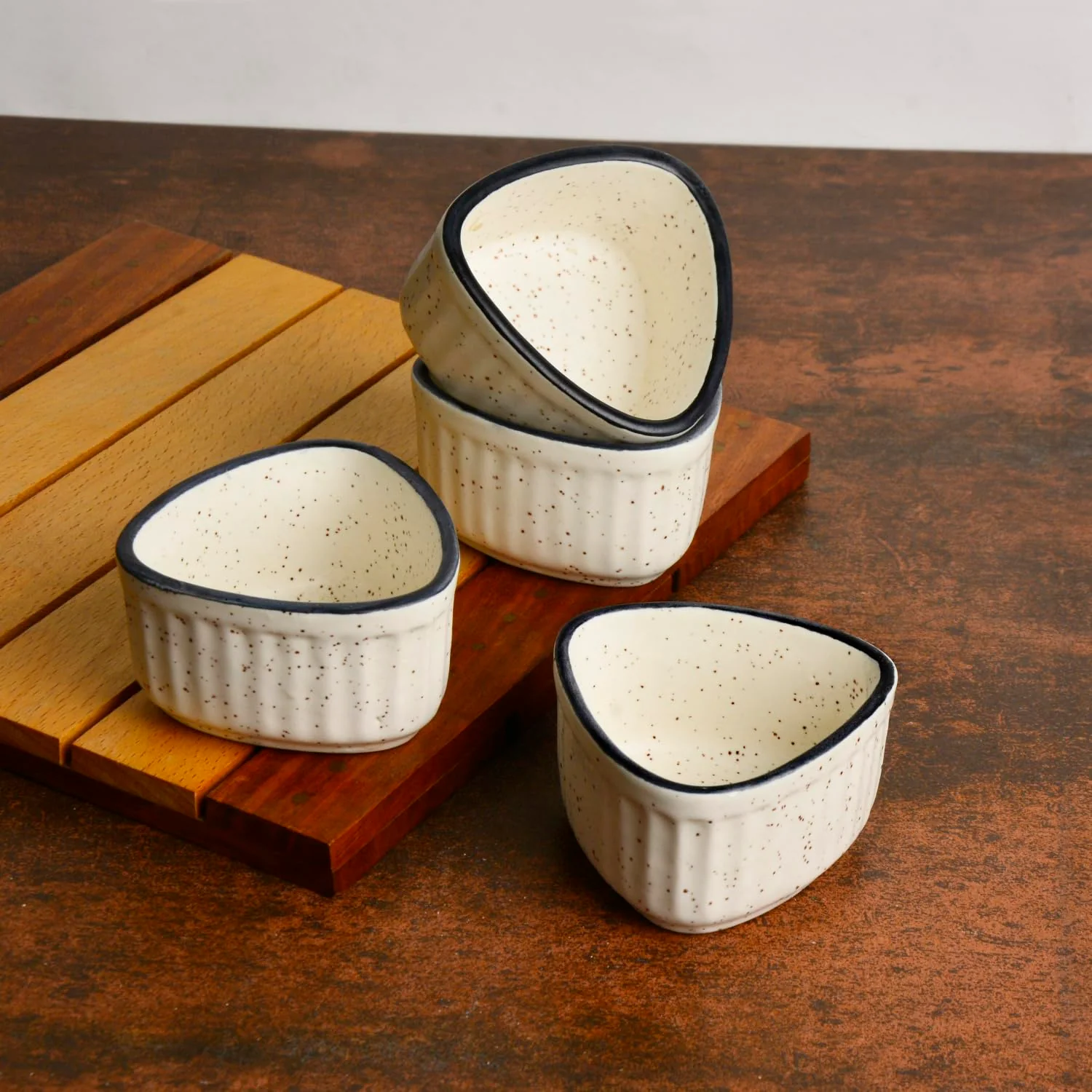 Handcrafted Ceramic Triangular Ribbed Dip Bowls Set Of 4 - White & Black, 50ml Each | Chutney Bowls, Ketchup Bowls - Mini Bowls - Image 3