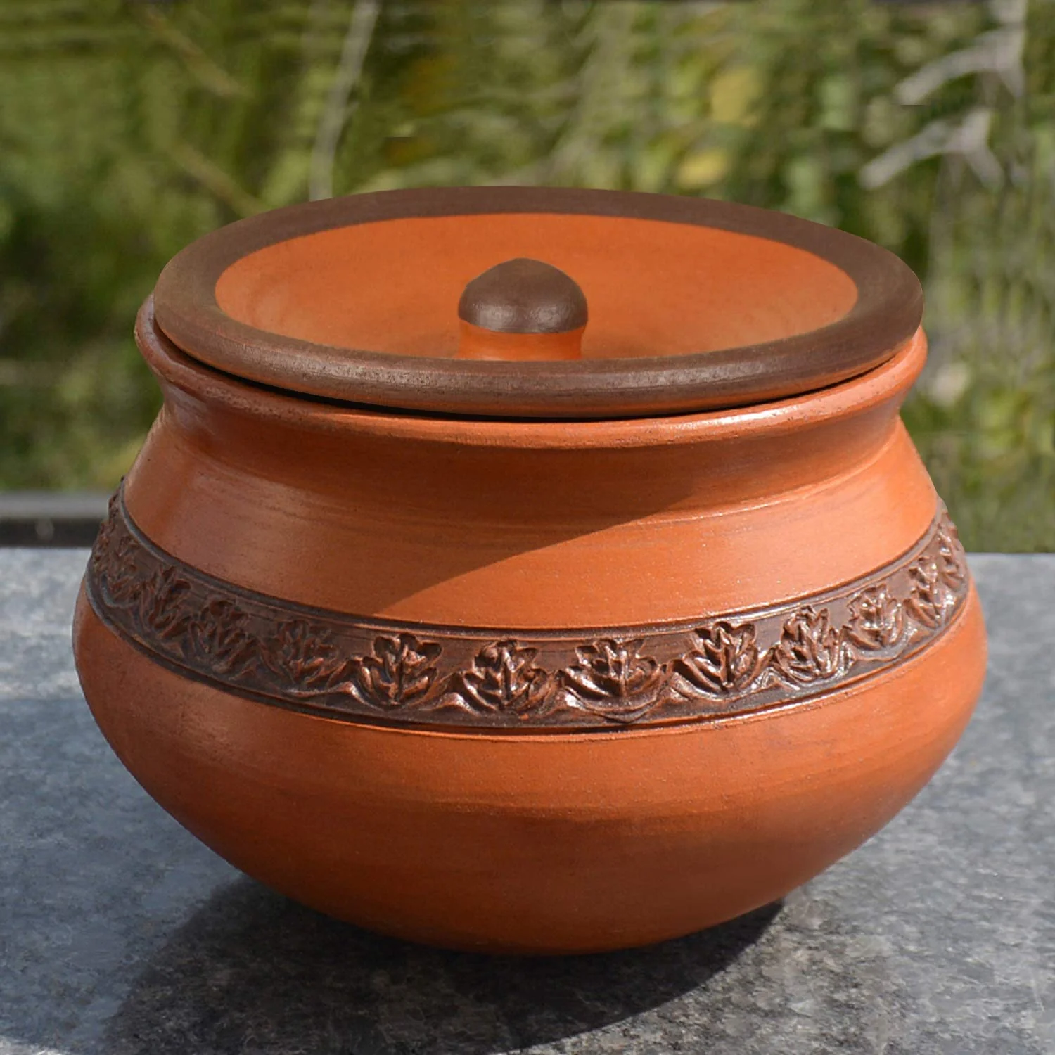 Handcrafted Ornately Designed Earthenware Handi With Lid - Brown, 1.25 Liters | Clay Dahi Handi - Cooking & Serving Pot - Image 2