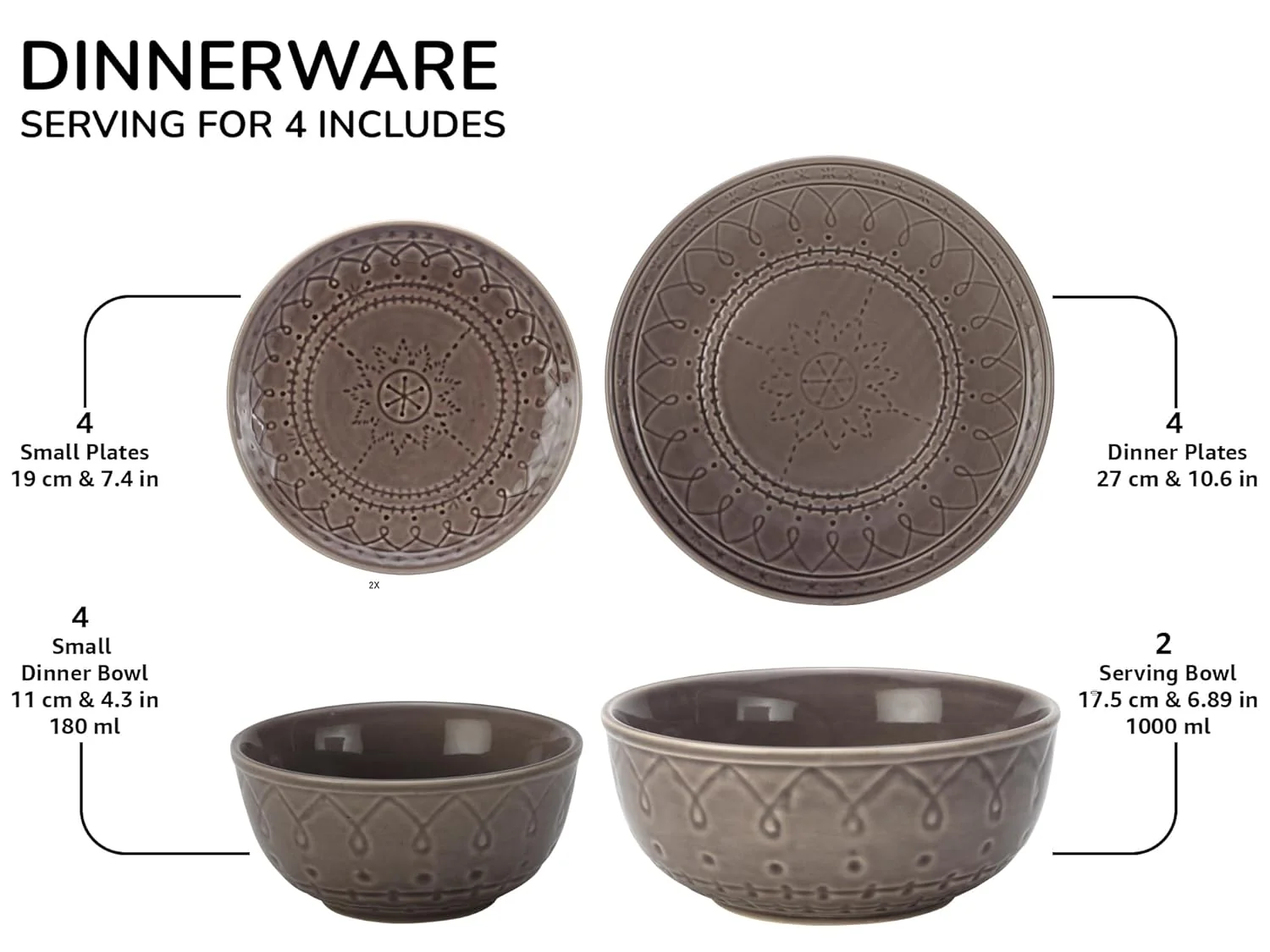 Handcrafted Stoneware Ceramic Dinner Set Of 14 Pcs With Serving Bowl Set - Ash Grey | 4 Dinner Plates+ 4 Small Plates+ 4 Small Bowls, 180ml Each+ 2 Serving Bowls, 1000ml Each - Image 4