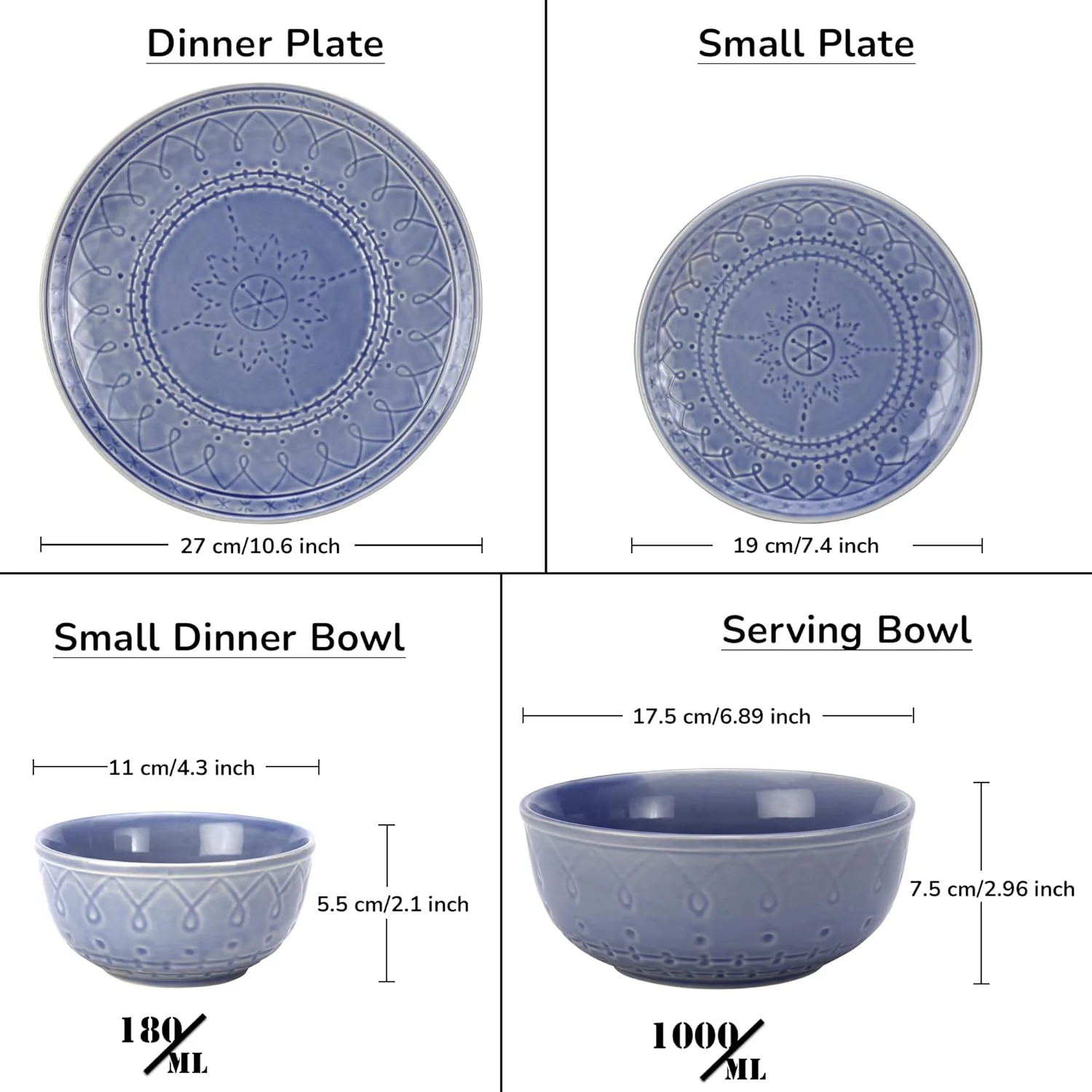 Handcrafted Stoneware Ceramic Dinner Set Of 14 Pcs With Serving Bowl Set - Mist Blue | 4 Dinner Plates+ 4 Small Plates+ 4 Small Bowls, 180ml Each+ 2 Serving Bowls, 1000ml Each | Dishwasher Safe - Image 3