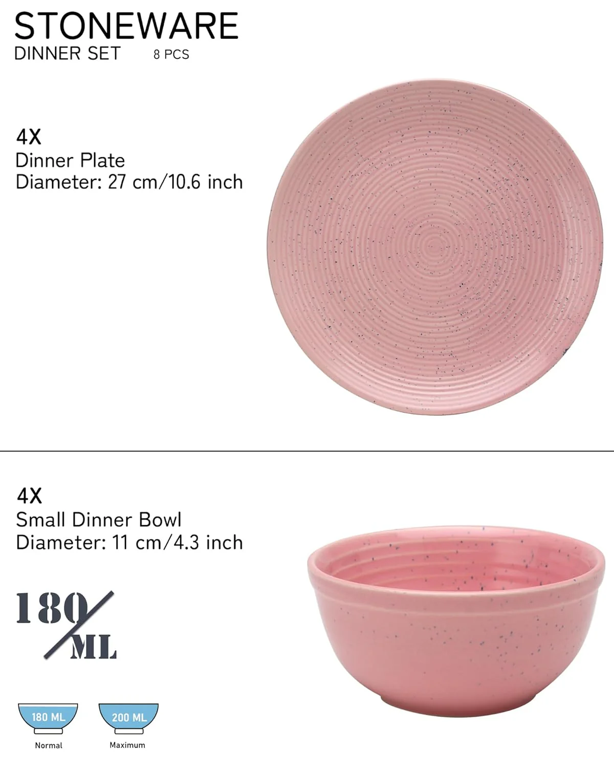 Handcrafted Stoneware Dinner Set Of 4 - Ceramic Pack Of 8 Pcs, Blush Pink | 4 Dinner Plates + 4 Bowl Or Katori, 180ml Each - Microwave & Dishwasher Safe | Serving For 4 - Image 3