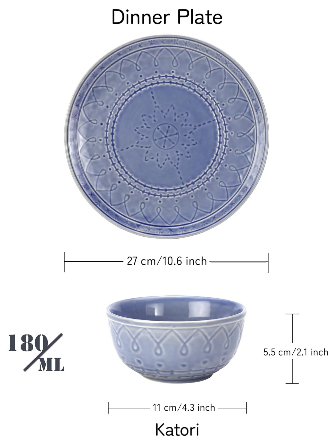 Handcrafted Stoneware Embossed Ceramic Dinner Set Of 12 Pcs - Mist Blue | 4 Dinner Plates+ 8 Salad Bowls, 180ml Each - Microwave & Dishwasher Safe - Image 4
